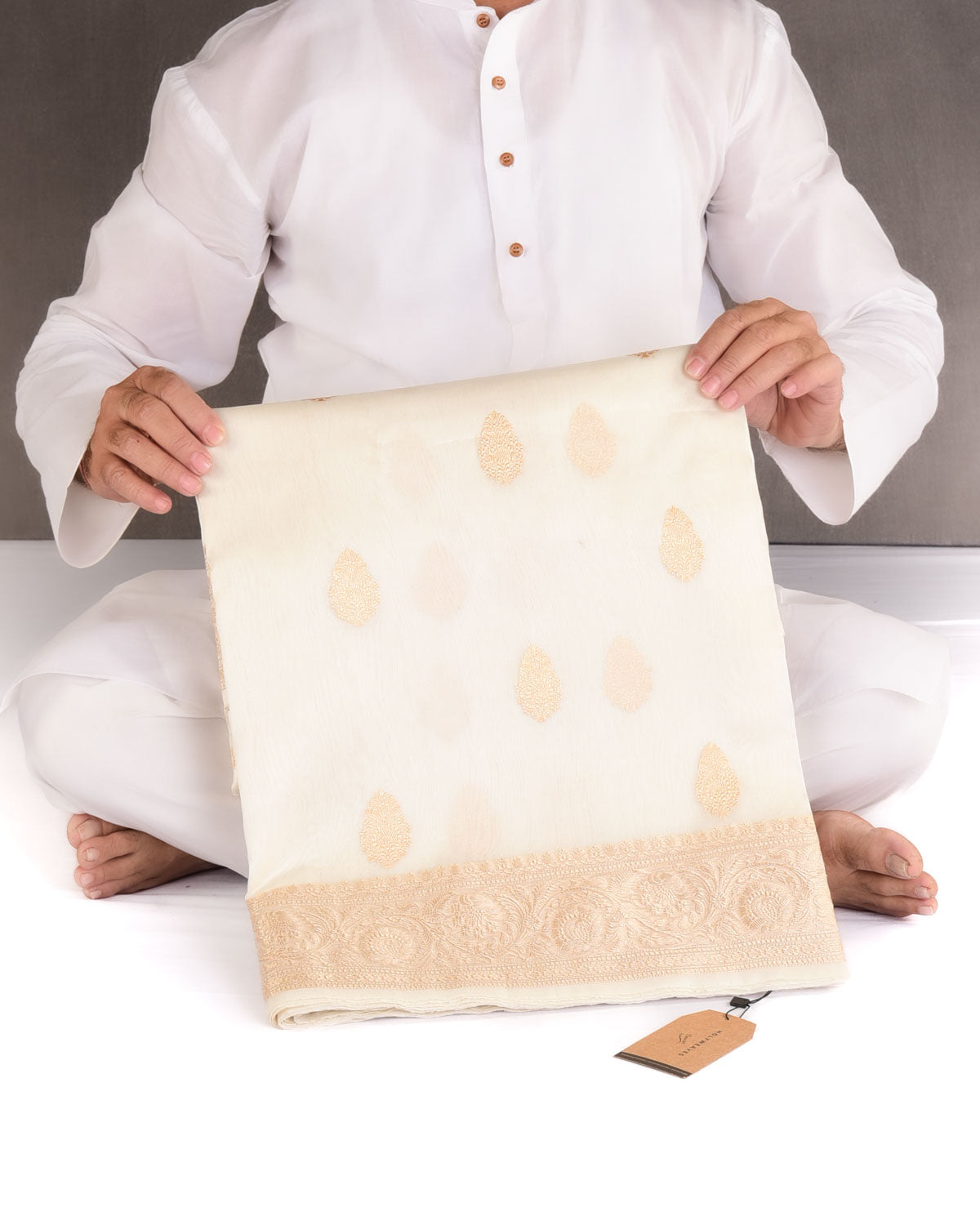 Ivory White Gold Zari Buti Kadhuan Brocade Handwoven Kora Silk Banarasi Saree-HolyWeaves