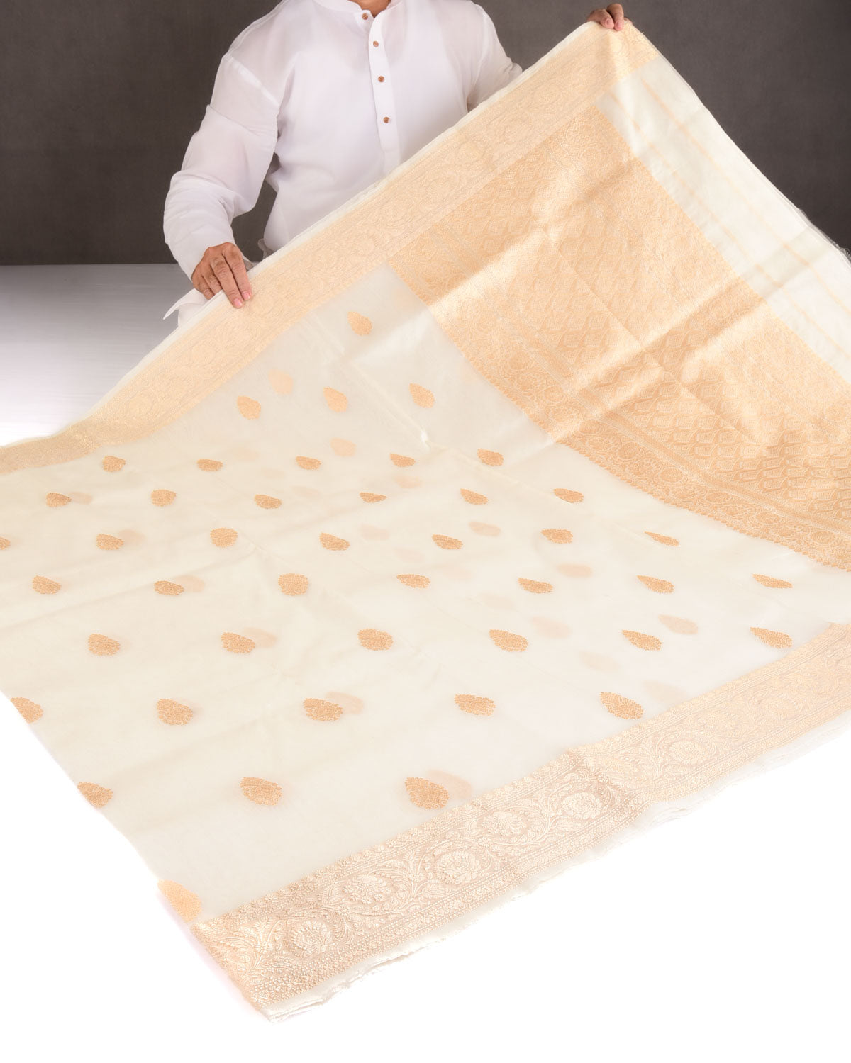 Ivory White Gold Zari Buti Kadhuan Brocade Handwoven Kora Silk Banarasi Saree-HolyWeaves