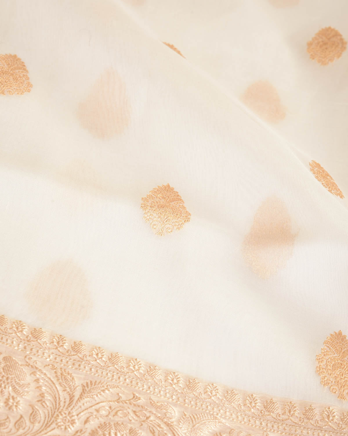 Ivory White Gold Zari Buti Kadhuan Brocade Handwoven Kora Silk Banarasi Saree-HolyWeaves