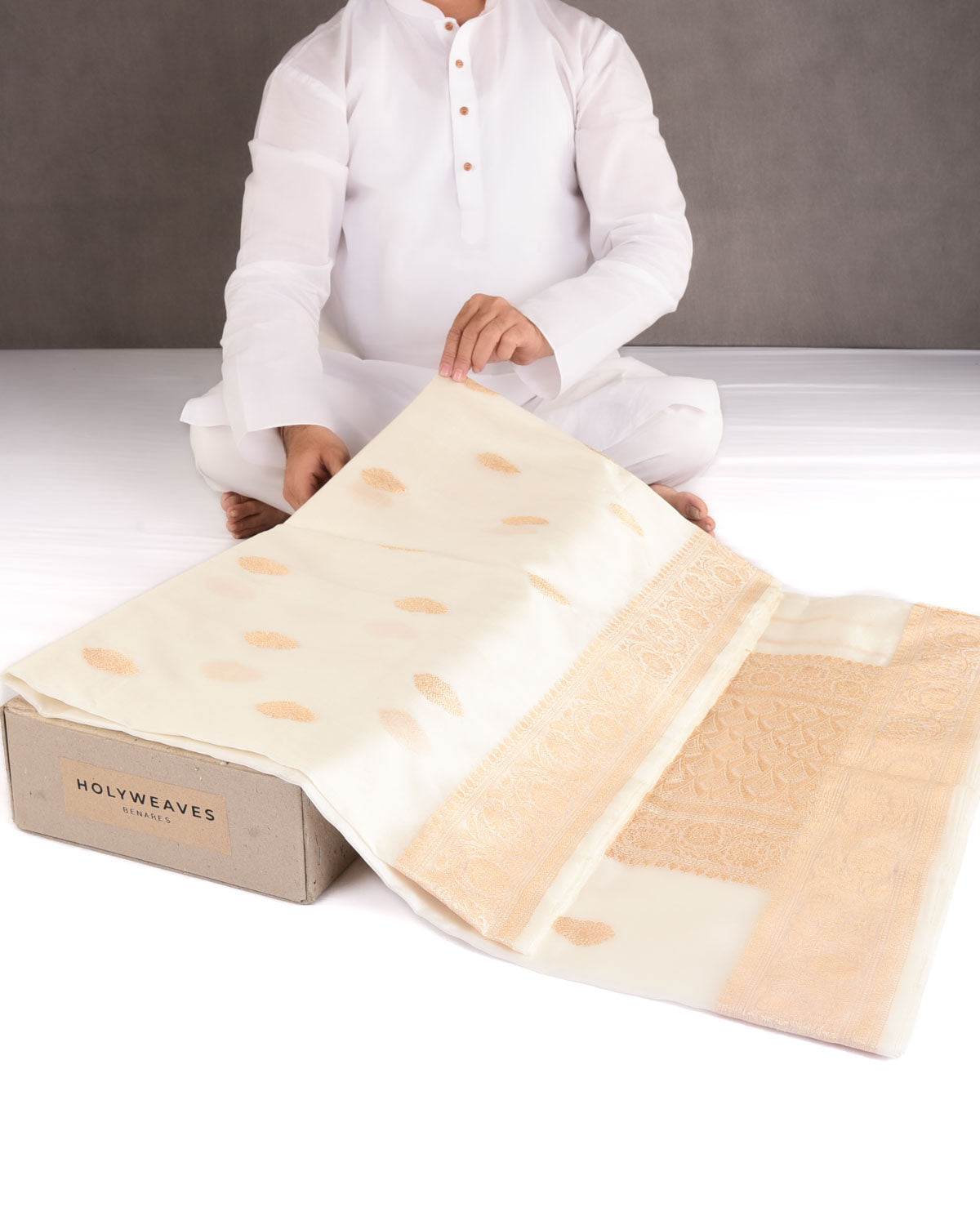 Ivory White Gold Zari Buti Kadhuan Brocade Handwoven Kora Silk Banarasi Saree-HolyWeaves