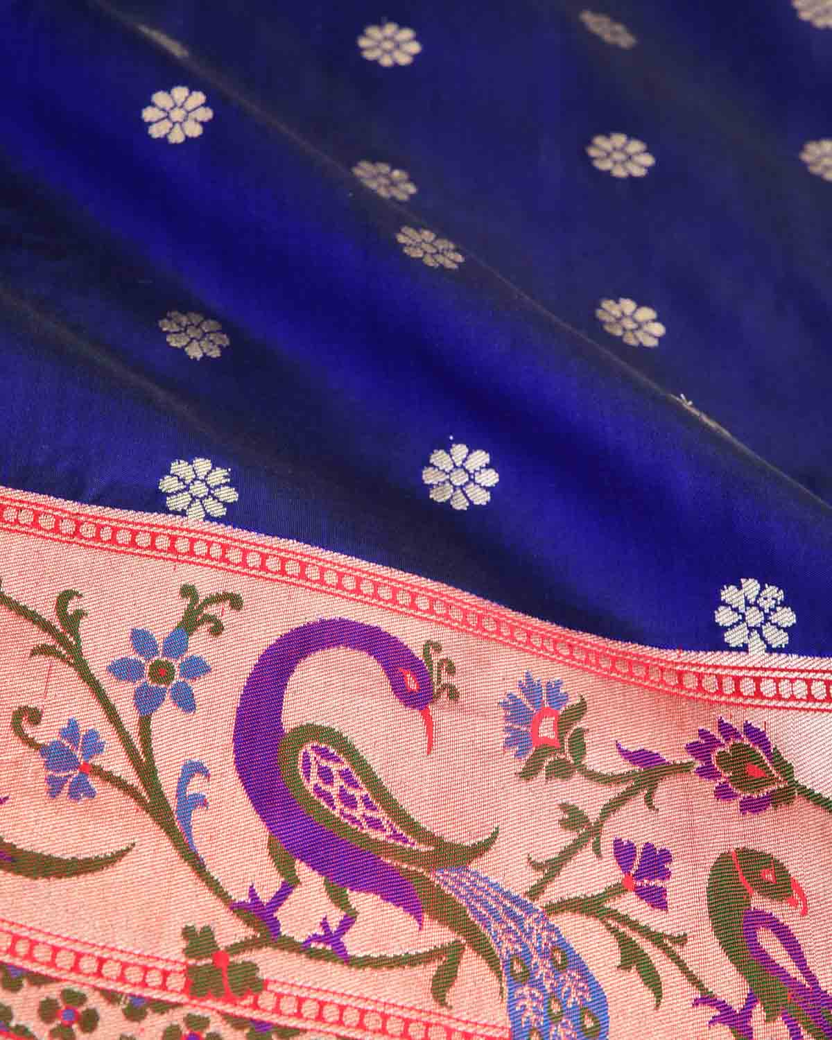 Midnight Blue Peacock & Parrot Paithani Cutwork Brocade Handwoven Katan Silk Banarasi Saree-HolyWeaves