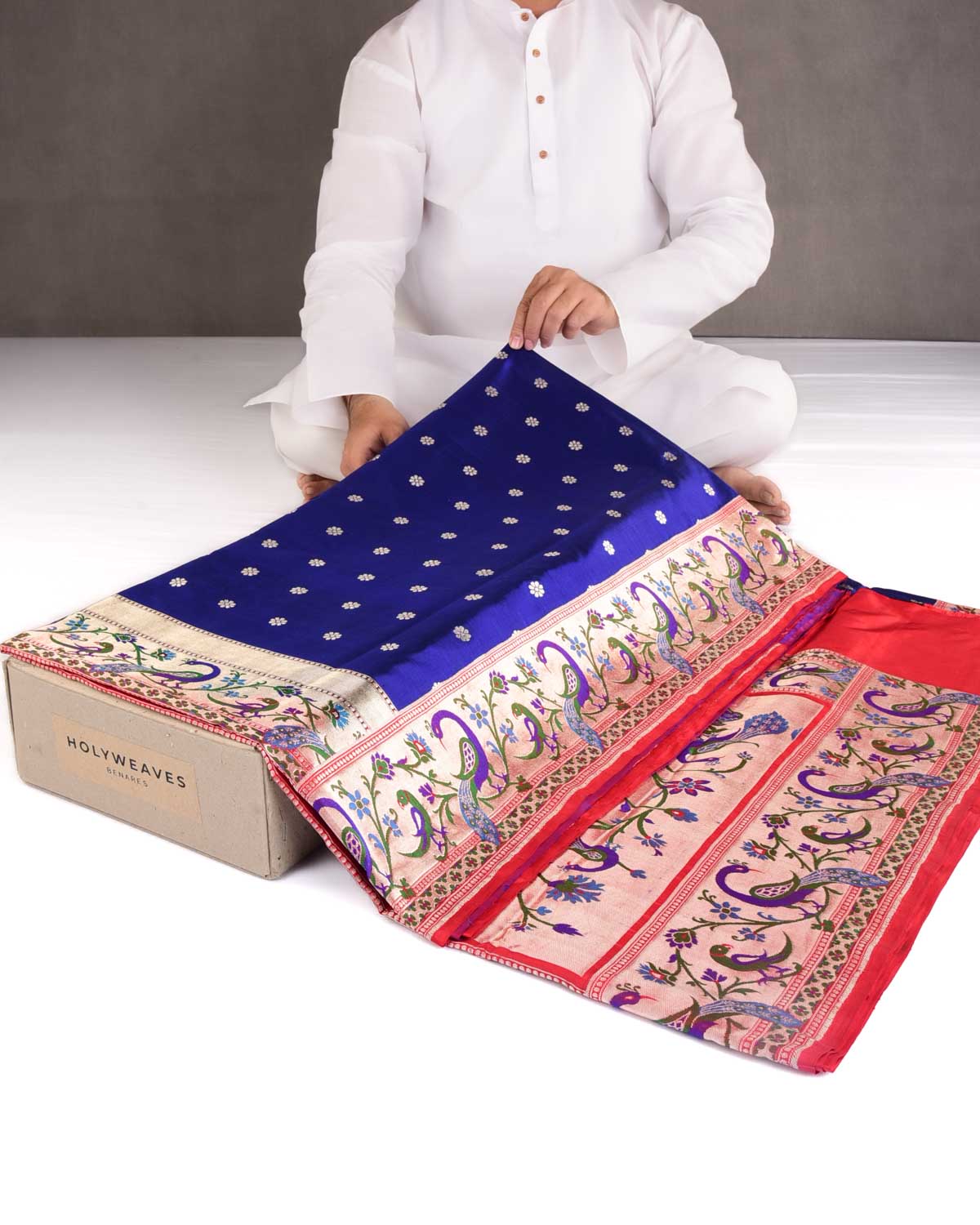 Midnight Blue Peacock & Parrot Paithani Cutwork Brocade Handwoven Katan Silk Banarasi Saree-HolyWeaves