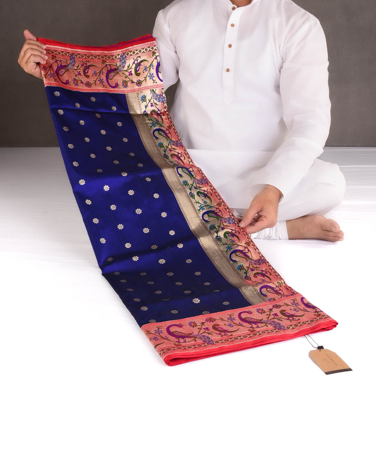 Midnight Blue Peacock & Parrot Paithani Cutwork Brocade Handwoven Katan Silk Banarasi Saree-HolyWeaves