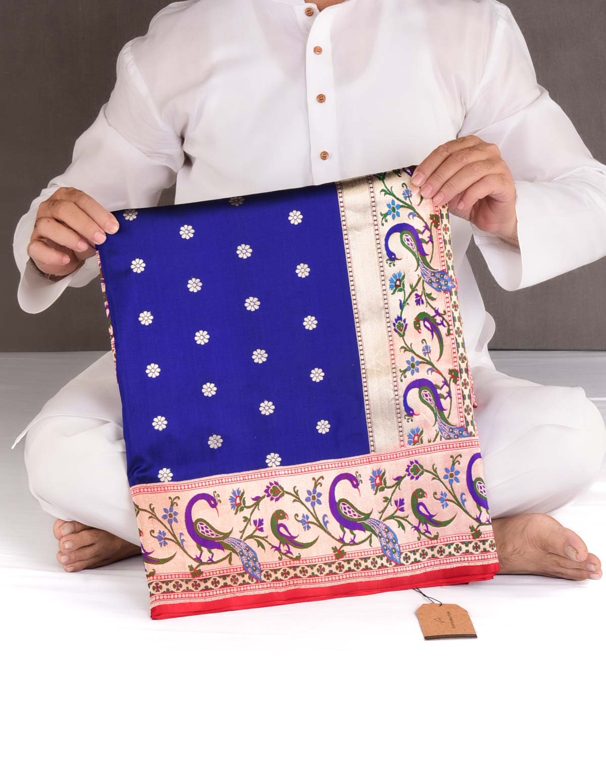 Midnight Blue Peacock & Parrot Paithani Cutwork Brocade Handwoven Katan Silk Banarasi Saree-HolyWeaves