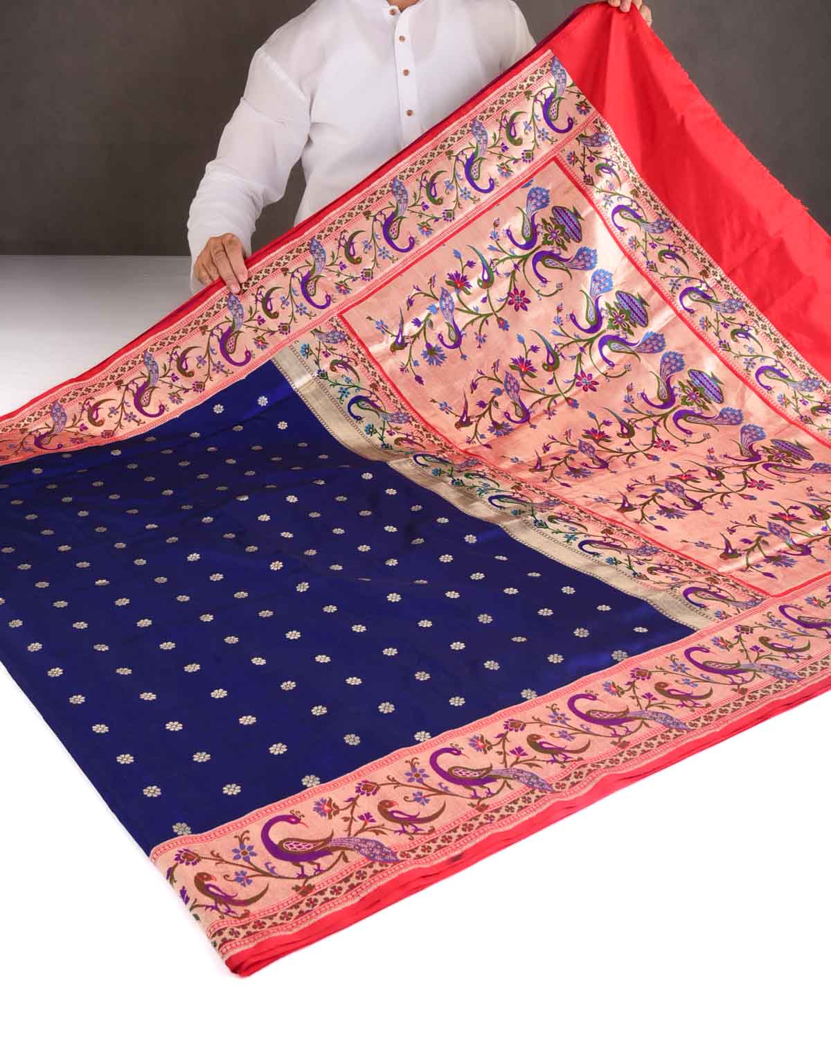 Midnight Blue Peacock & Parrot Paithani Cutwork Brocade Handwoven Katan Silk Banarasi Saree-HolyWeaves