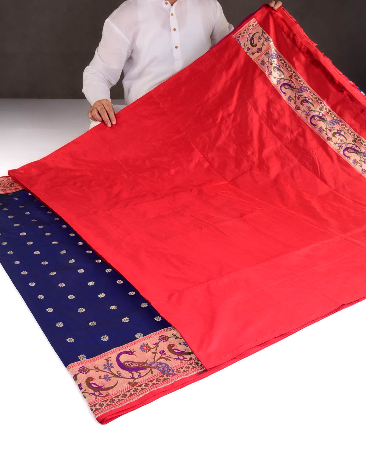 Midnight Blue Peacock & Parrot Paithani Cutwork Brocade Handwoven Katan Silk Banarasi Saree-HolyWeaves