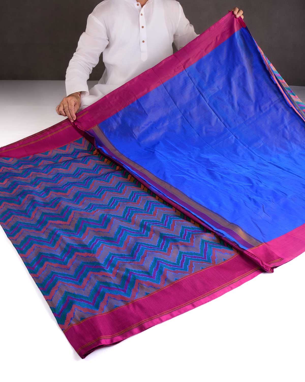 Multi-color Chevron Jamawar Handwoven Katan Silk Banarasi Saree-HolyWeaves