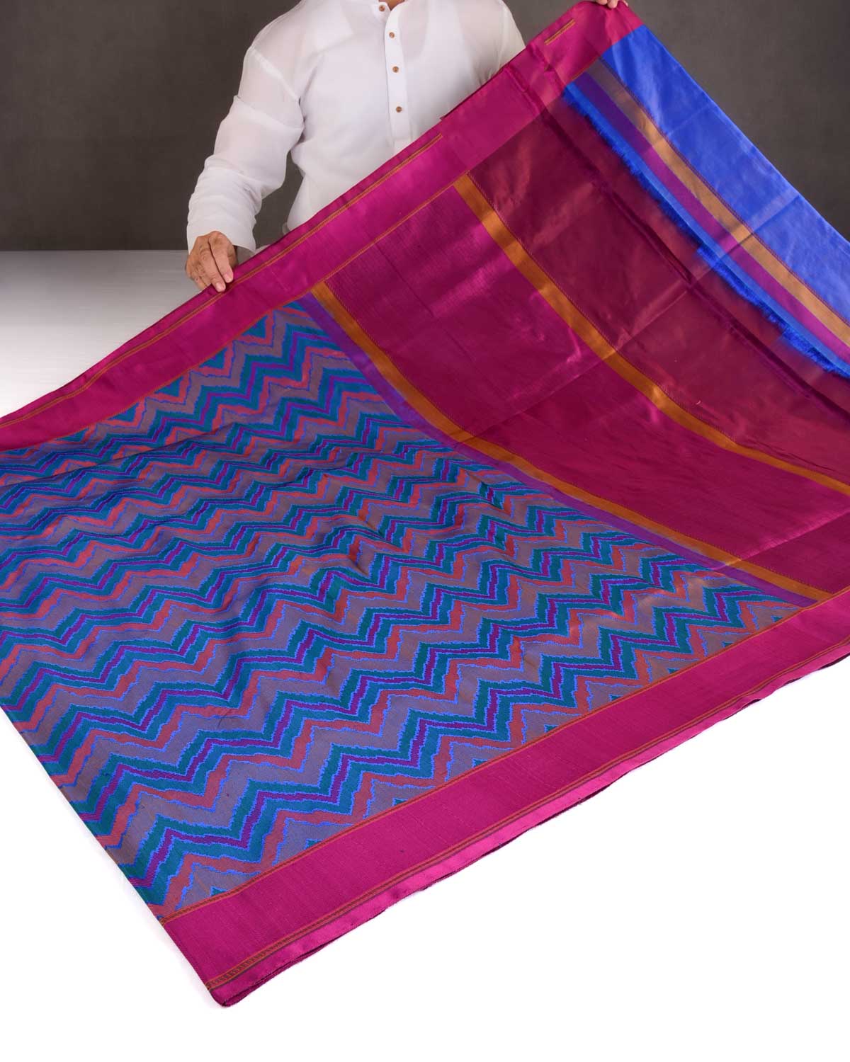 Multi-color Chevron Jamawar Handwoven Katan Silk Banarasi Saree-HolyWeaves