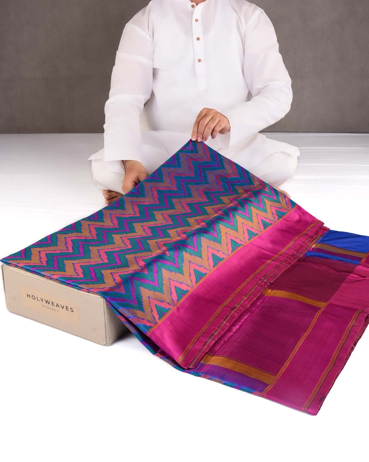Multi-color Chevron Jamawar Handwoven Katan Silk Banarasi Saree-HolyWeaves