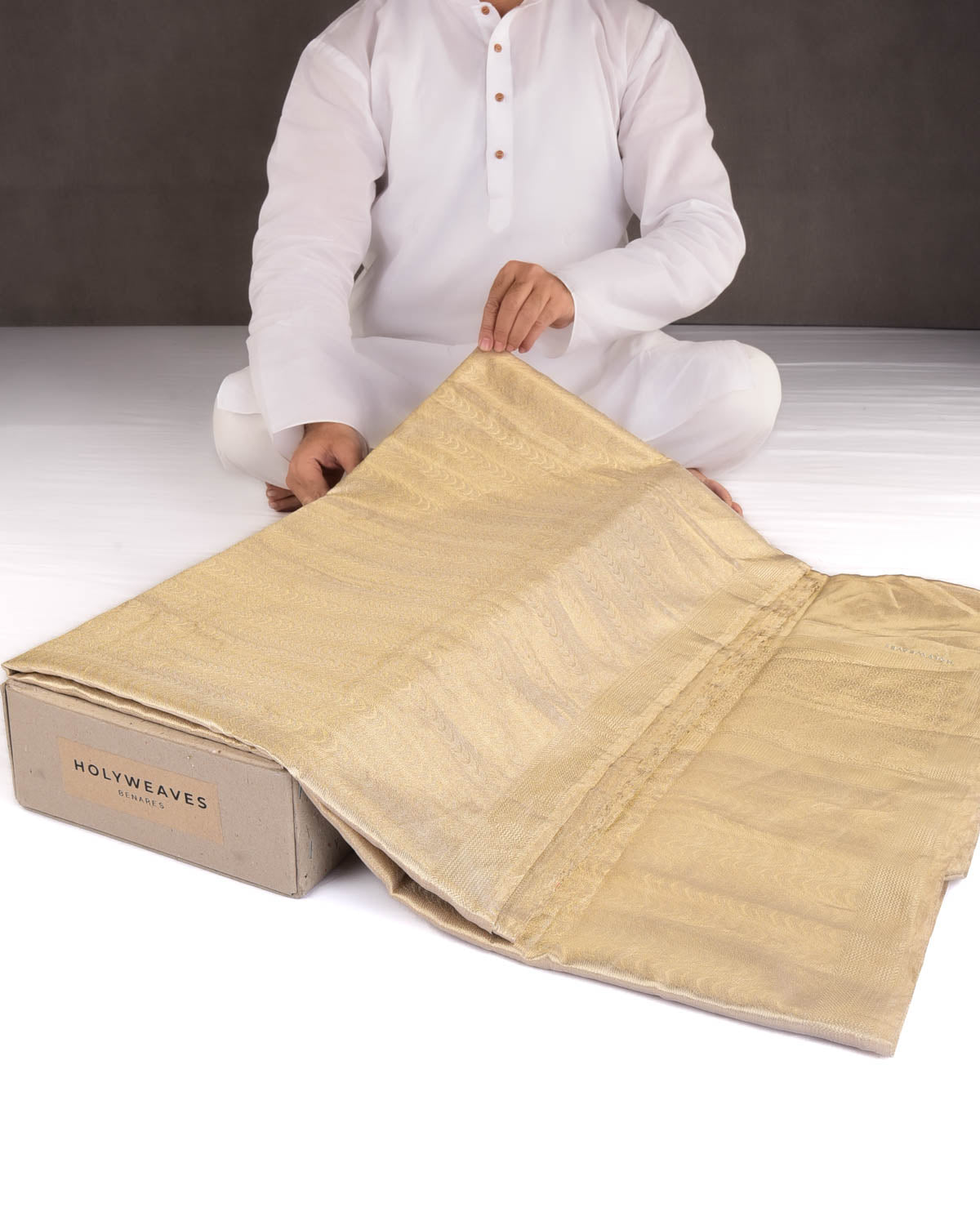 Metallic Gold Geometric Waves WATERMARK Brocade Handwoven Tissue Banarasi Saree-HolyWeaves