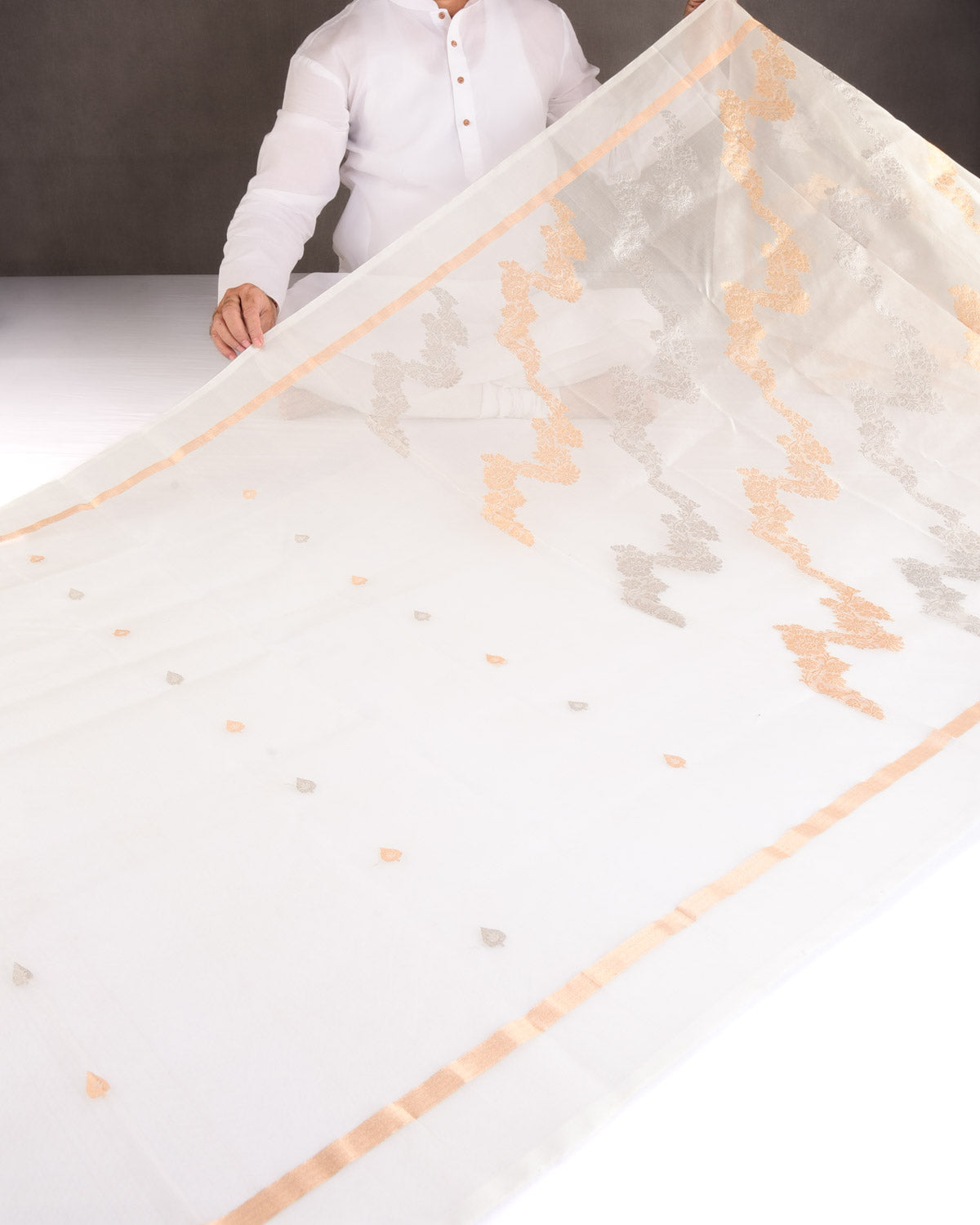 Ivory White Gold & Silver Zari Bel Kadhuan Brocade Handwoven Kora Silk Banarasi Saree-HolyWeaves