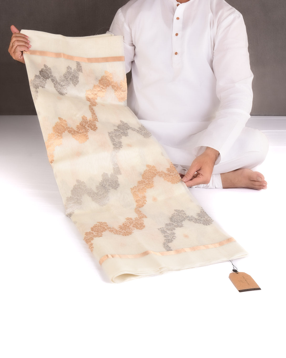 Ivory White Gold & Silver Zari Bel Kadhuan Brocade Handwoven Kora Silk Banarasi Saree-HolyWeaves