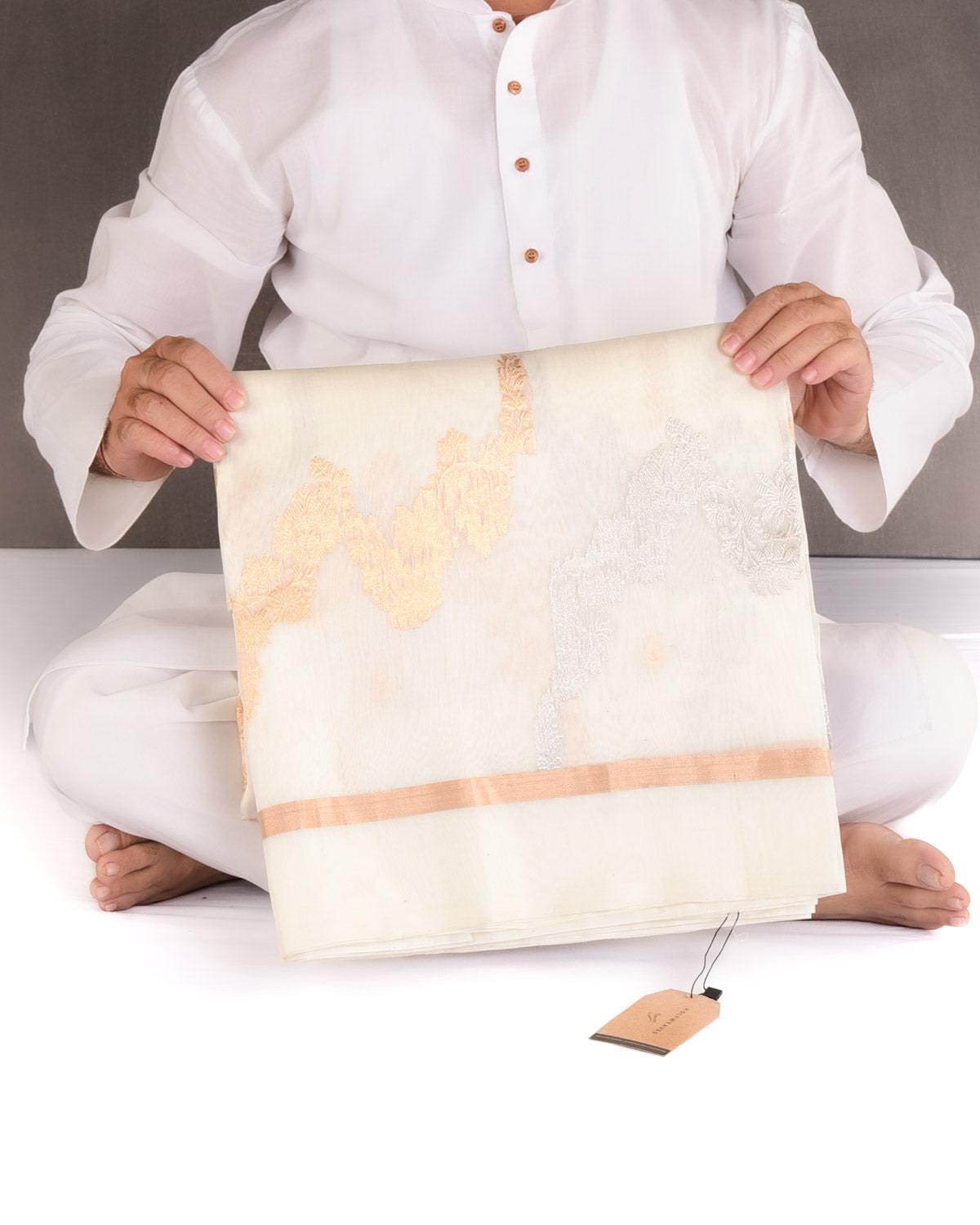 Ivory White Gold & Silver Zari Bel Kadhuan Brocade Handwoven Kora Silk Banarasi Saree-HolyWeaves