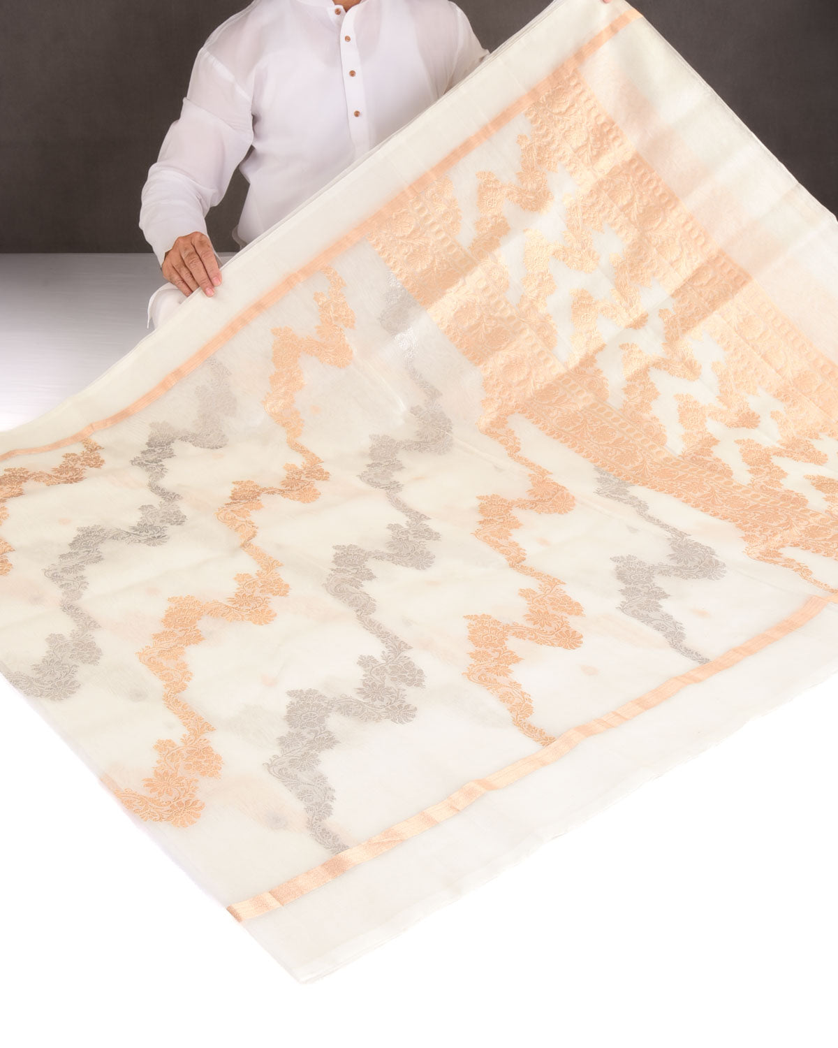 Ivory White Gold & Silver Zari Bel Kadhuan Brocade Handwoven Kora Silk Banarasi Saree-HolyWeaves