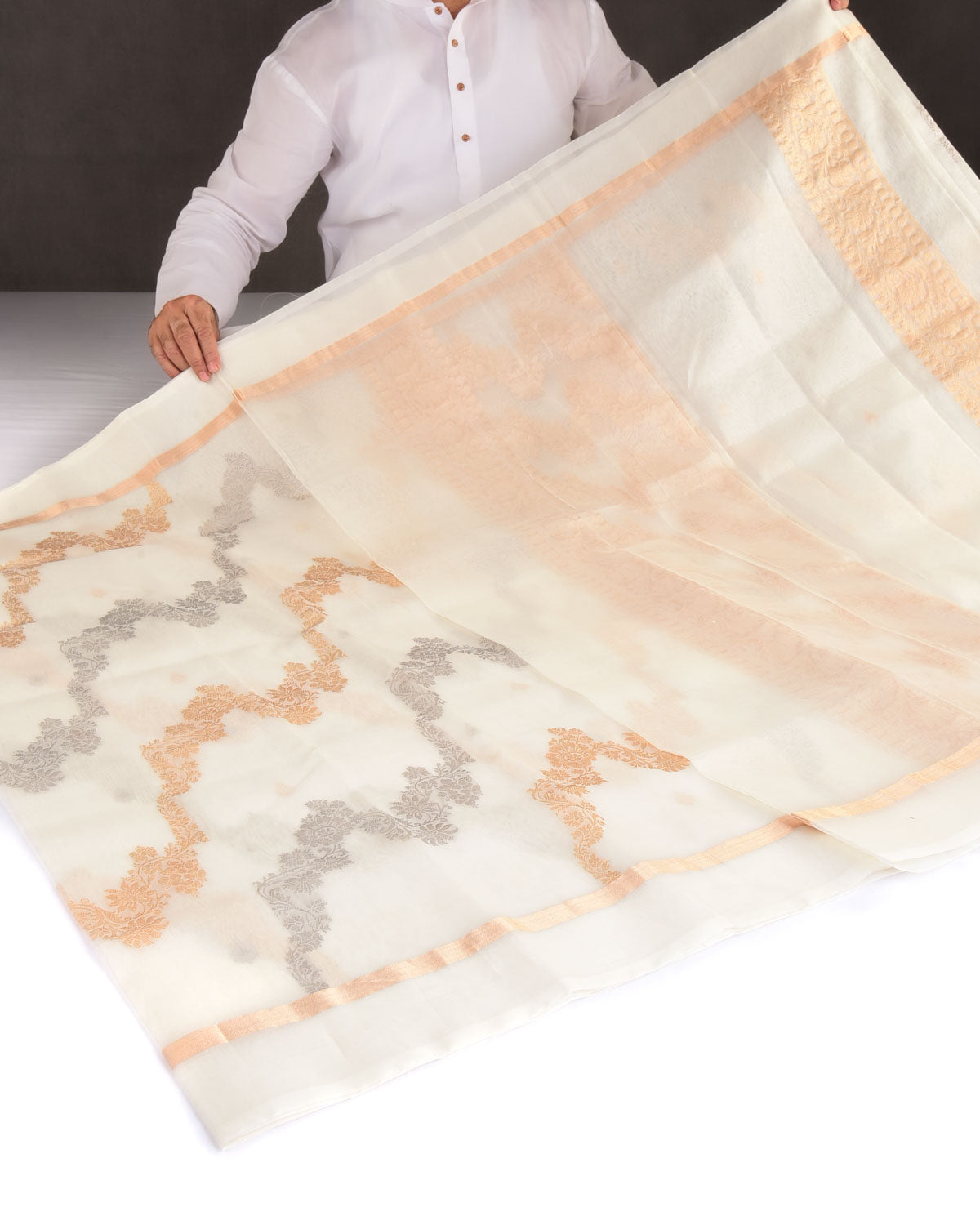 Ivory White Gold & Silver Zari Bel Kadhuan Brocade Handwoven Kora Silk Banarasi Saree-HolyWeaves