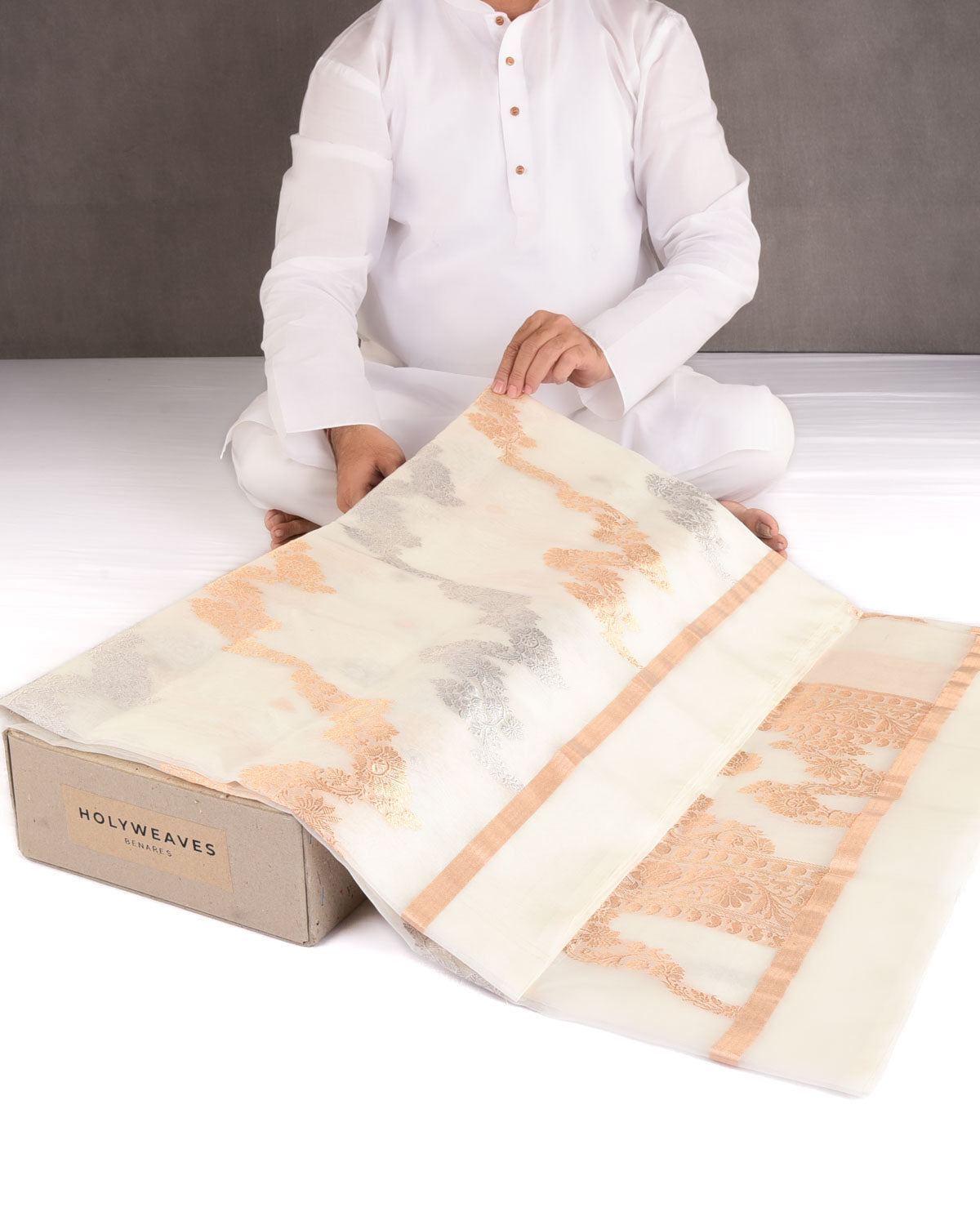 Ivory White Gold & Silver Zari Bel Kadhuan Brocade Handwoven Kora Silk Banarasi Saree-HolyWeaves