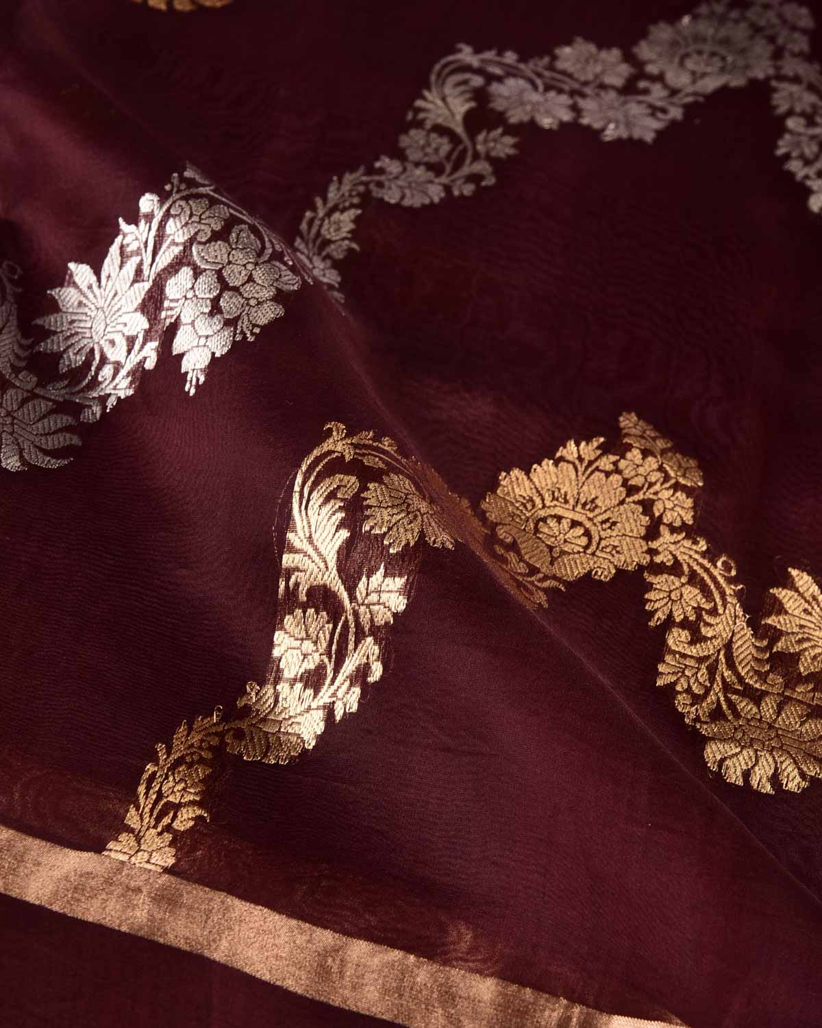 Mahogany Gold & Silver Zari Bel Kadhuan Brocade Handwoven Kora Silk Banarasi Saree