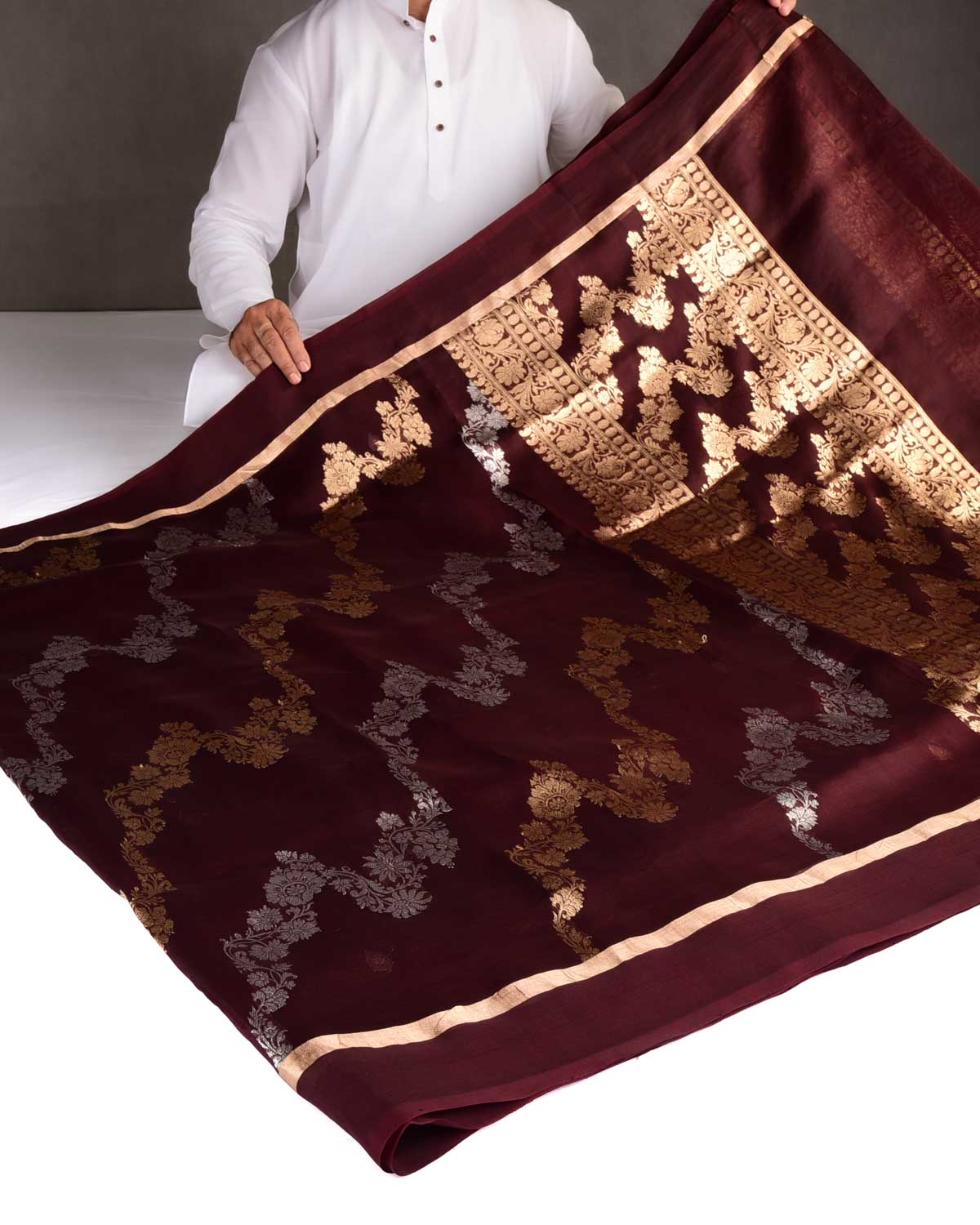 Mahogany Gold & Silver Zari Bel Kadhuan Brocade Handwoven Kora Silk Banarasi Saree