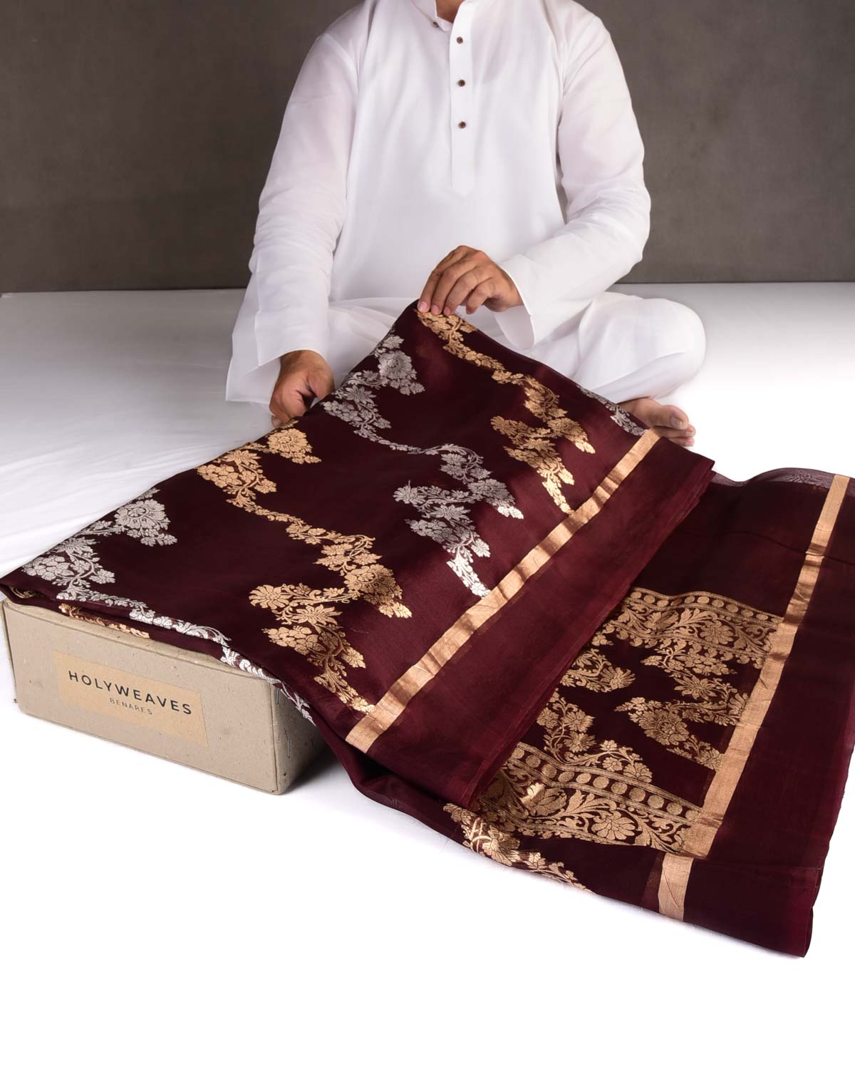 Mahogany Gold & Silver Zari Bel Kadhuan Brocade Handwoven Kora Silk Banarasi Saree