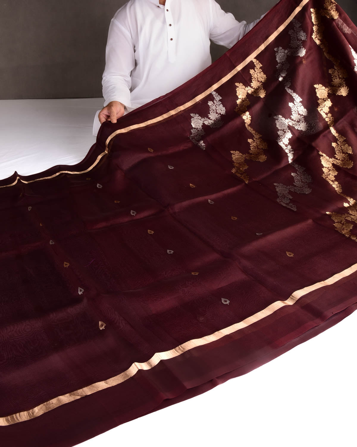 Mahogany Gold & Silver Zari Bel Kadhuan Brocade Handwoven Kora Silk Banarasi Saree