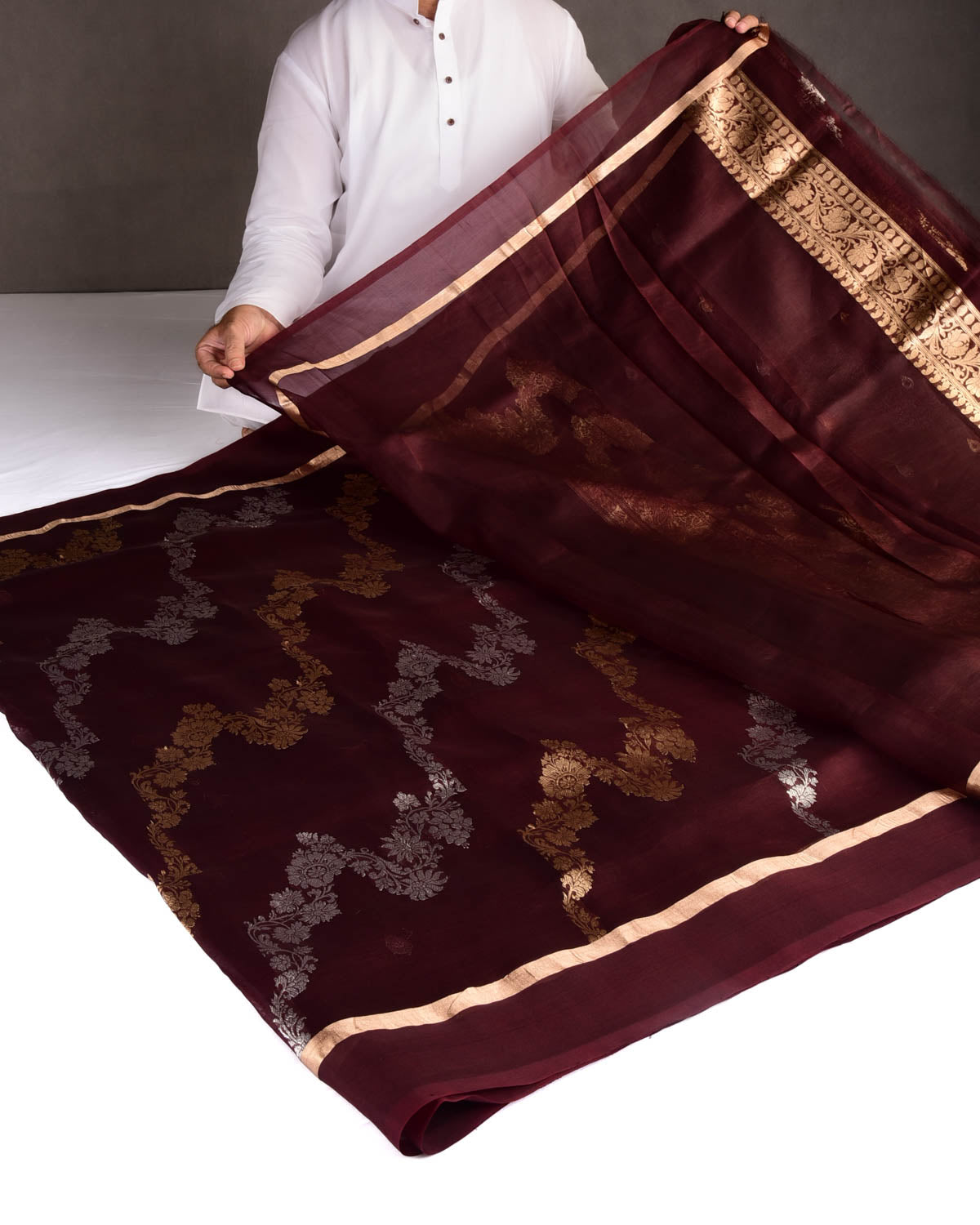 Mahogany Gold & Silver Zari Bel Kadhuan Brocade Handwoven Kora Silk Banarasi Saree