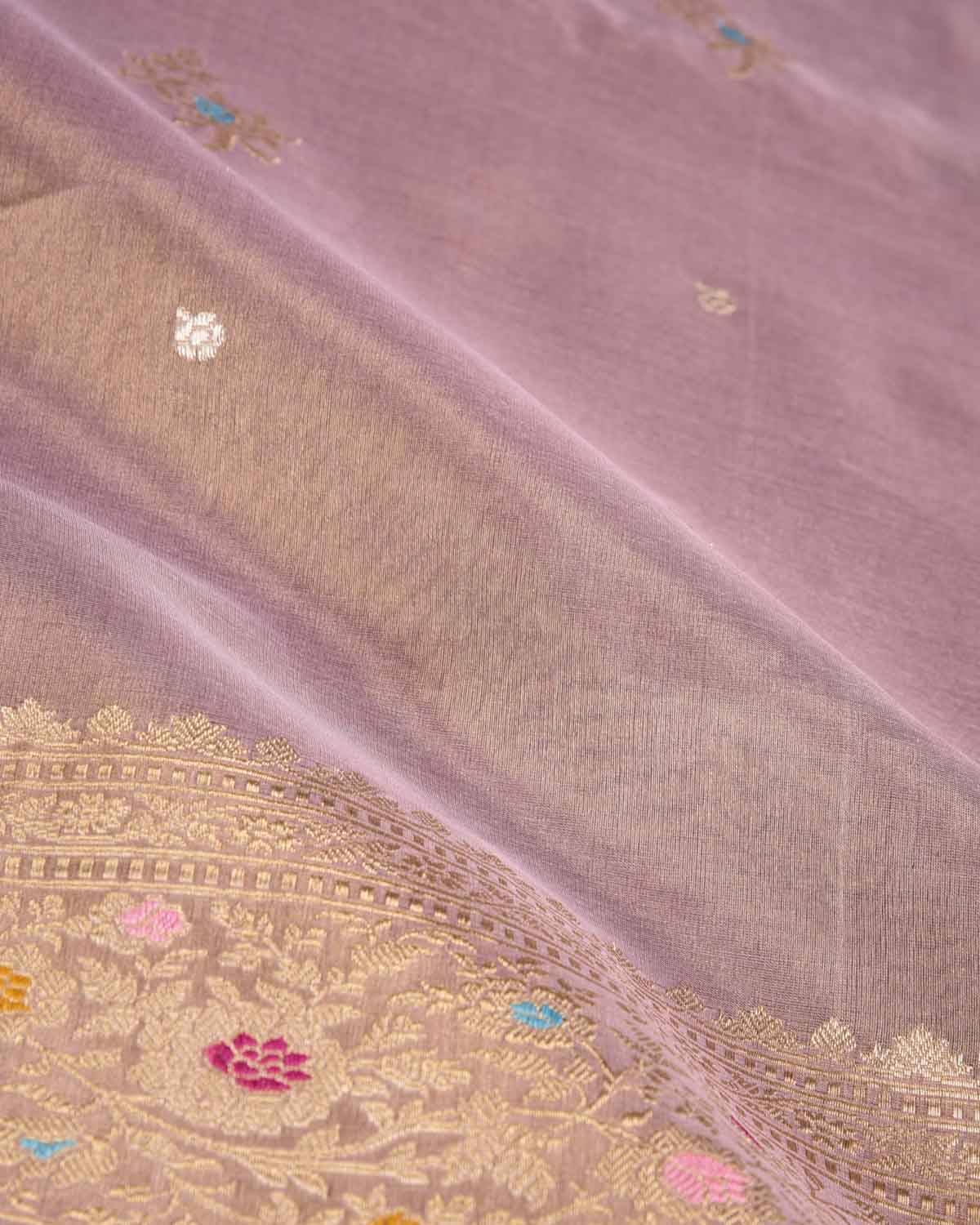 Metallic Rosy Brown Gold Zari Meenedar Buti Kadhuan Brocade Handwoven Kora Tissue Banarasi Saree with Contrast Blouse-HolyWeaves