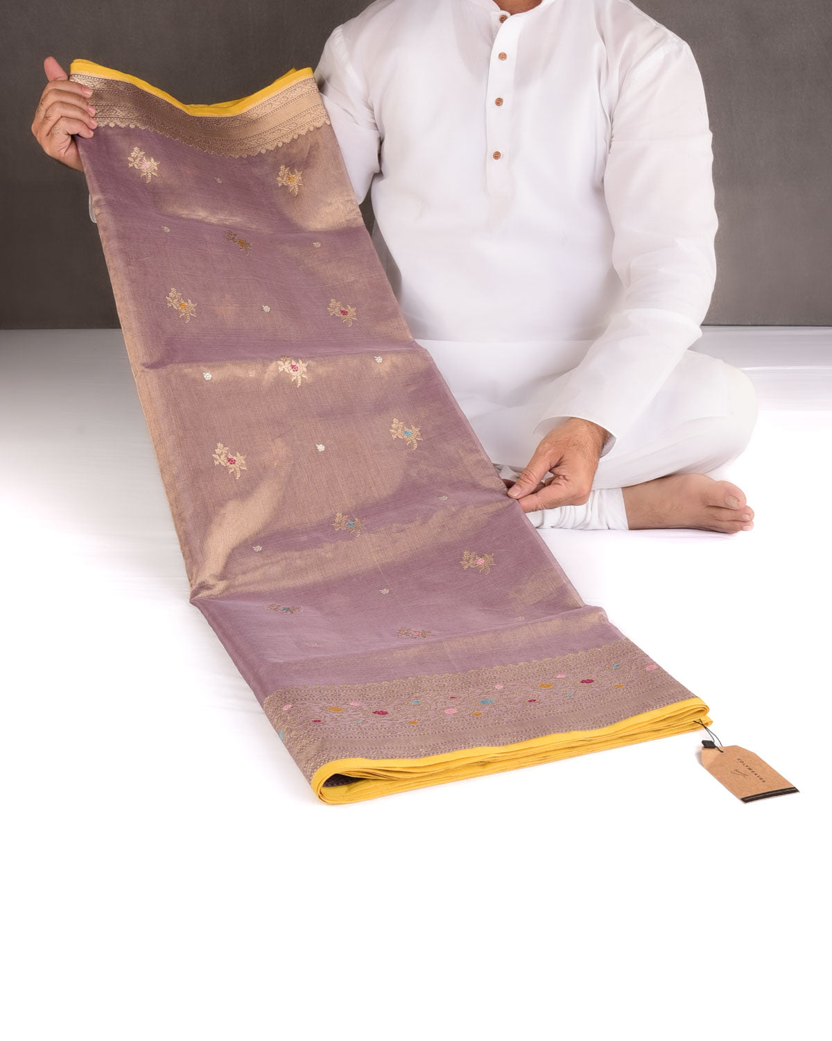 Metallic Rosy Brown Gold Zari Meenedar Buti Kadhuan Brocade Handwoven Kora Tissue Banarasi Saree with Contrast Blouse-HolyWeaves