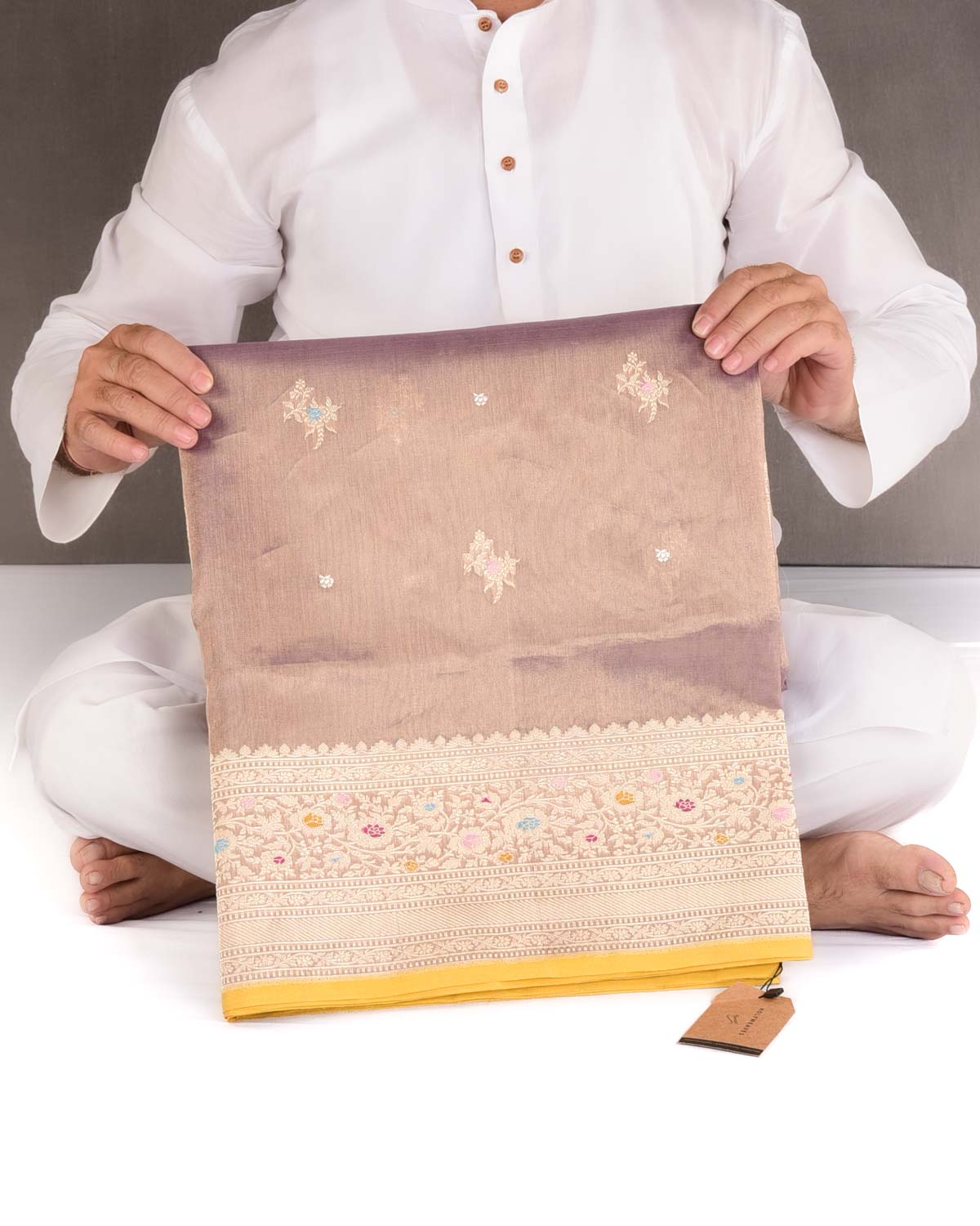 Metallic Rosy Brown Gold Zari Meenedar Buti Kadhuan Brocade Handwoven Kora Tissue Banarasi Saree with Contrast Blouse-HolyWeaves