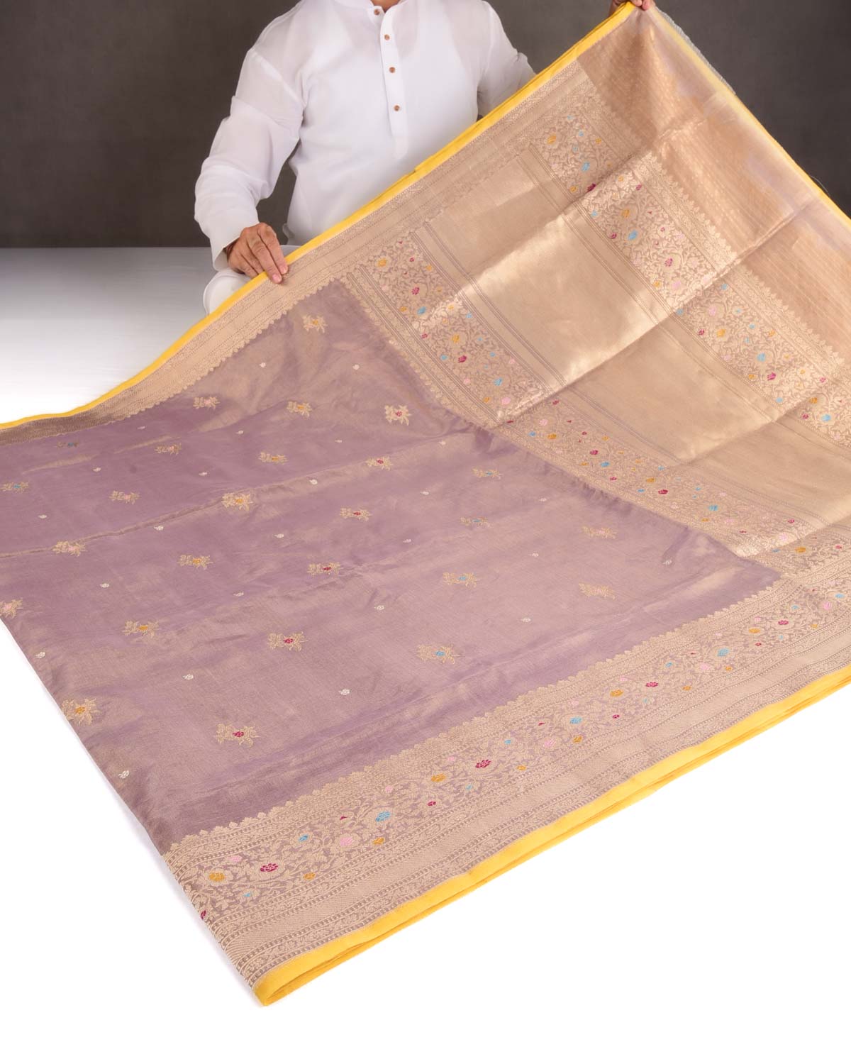 Metallic Rosy Brown Gold Zari Meenedar Buti Kadhuan Brocade Handwoven Kora Tissue Banarasi Saree with Contrast Blouse-HolyWeaves