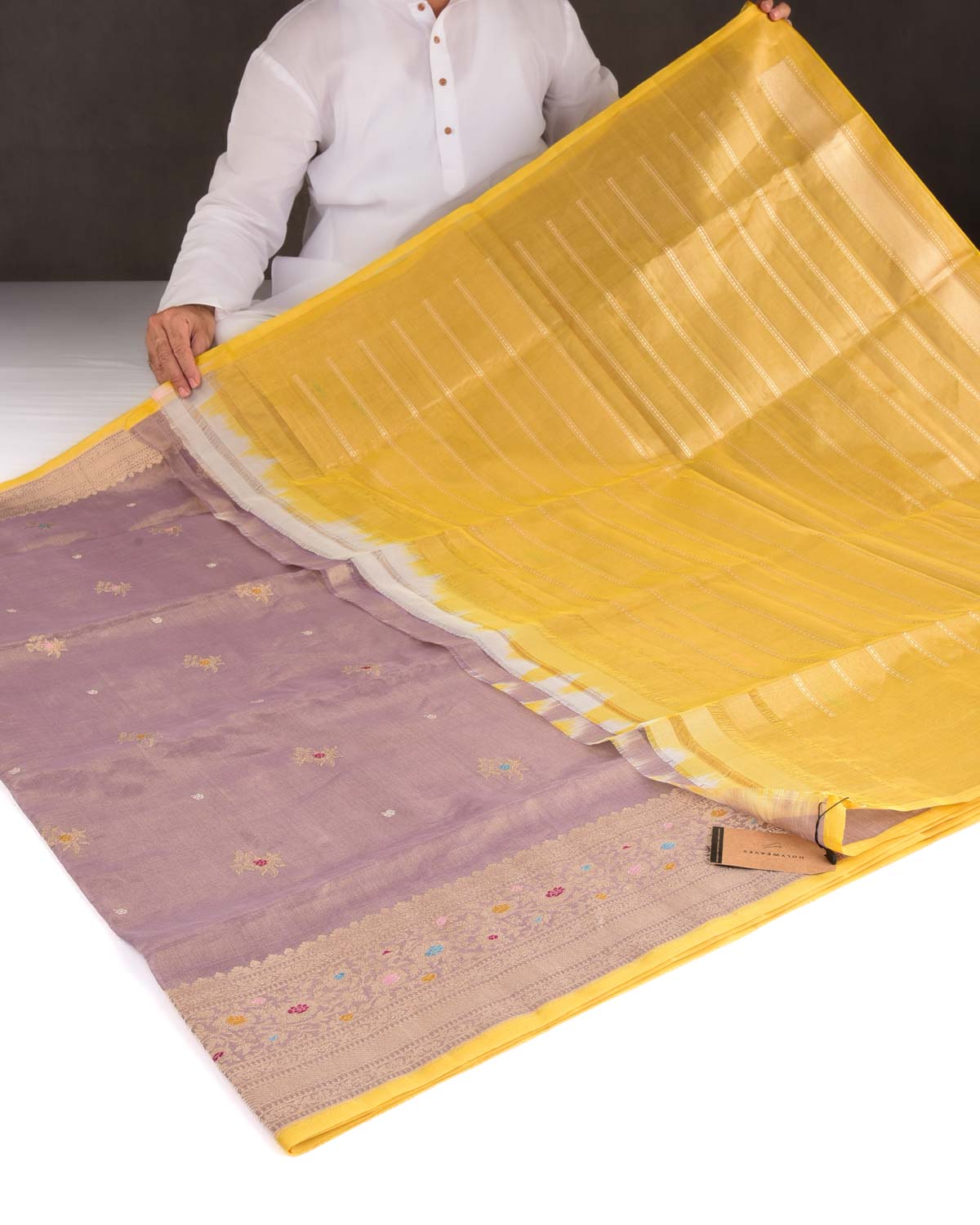 Metallic Rosy Brown Gold Zari Meenedar Buti Kadhuan Brocade Handwoven Kora Tissue Banarasi Saree with Contrast Blouse-HolyWeaves