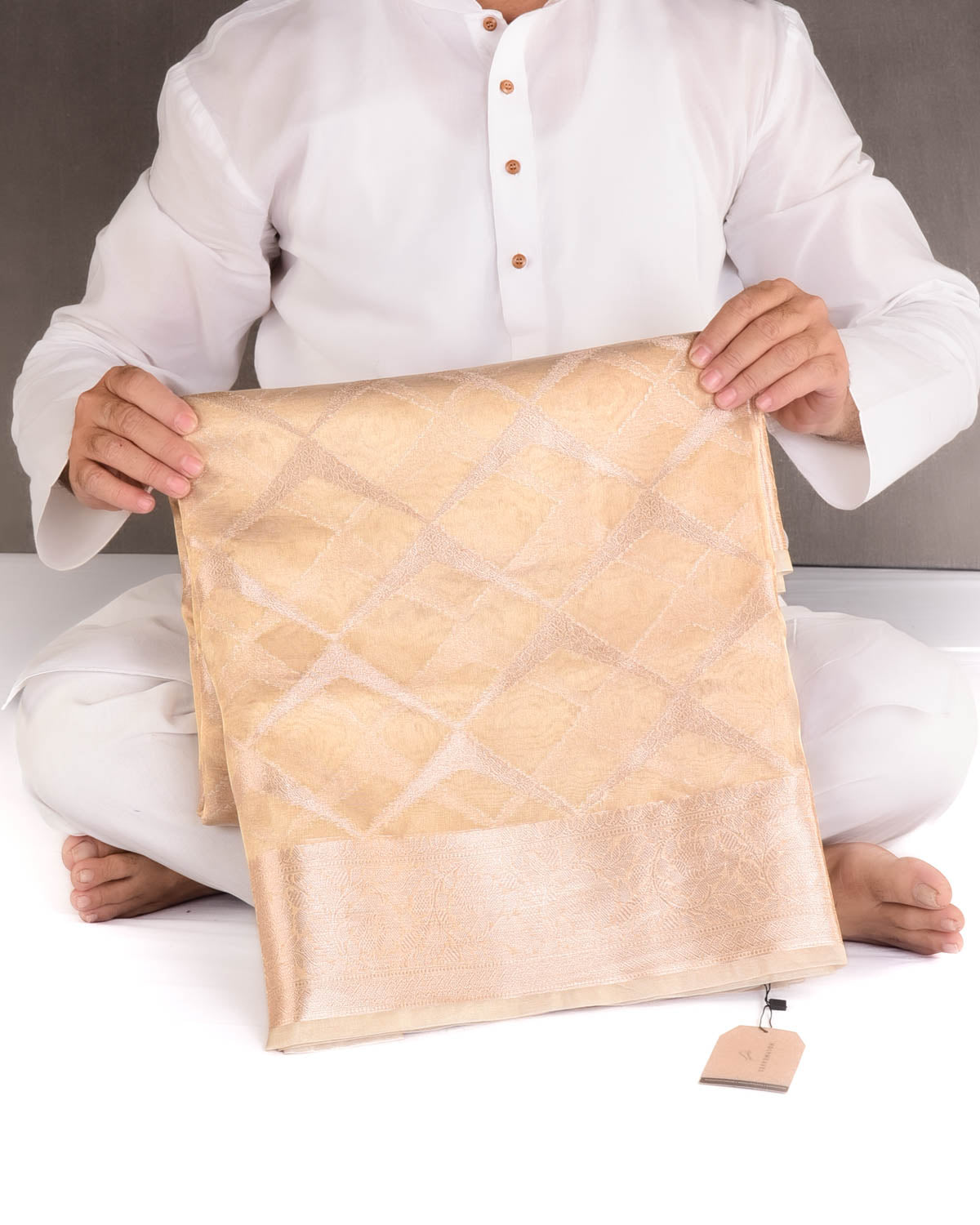 Metallic Gold Ornament Grids Cutwork Brocade Handwoven Kora Tissue Banarasi Saree-HolyWeaves