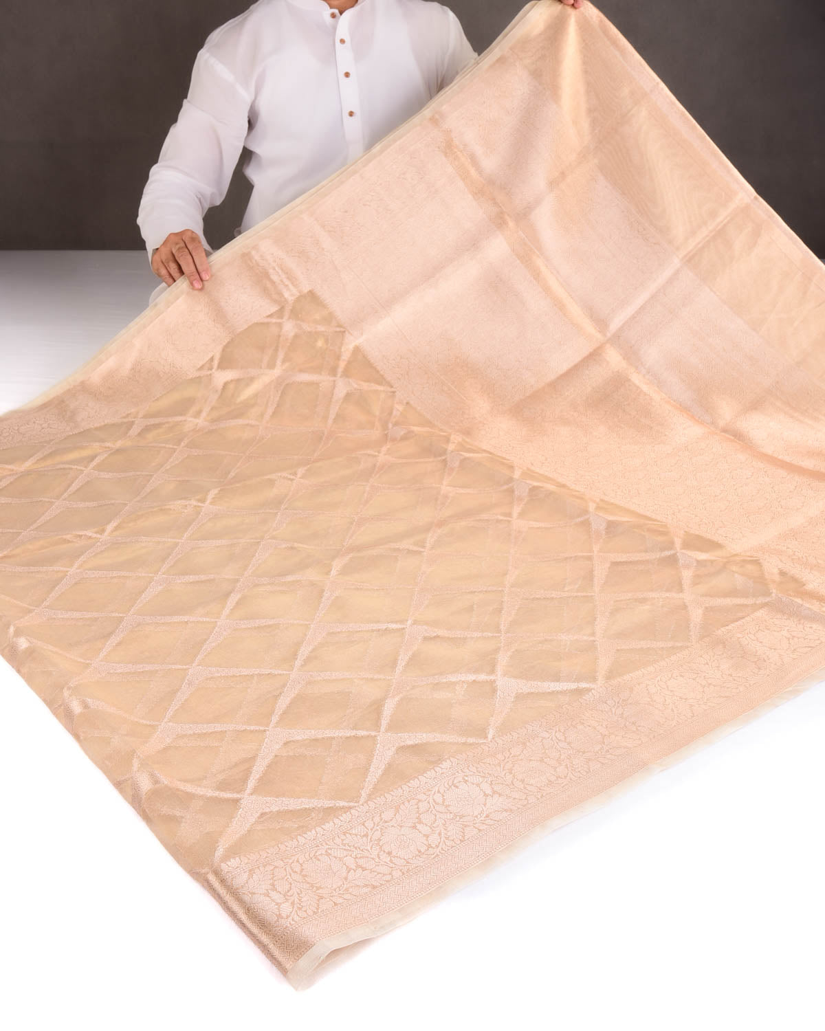 Metallic Gold Ornament Grids Cutwork Brocade Handwoven Kora Tissue Banarasi Saree-HolyWeaves