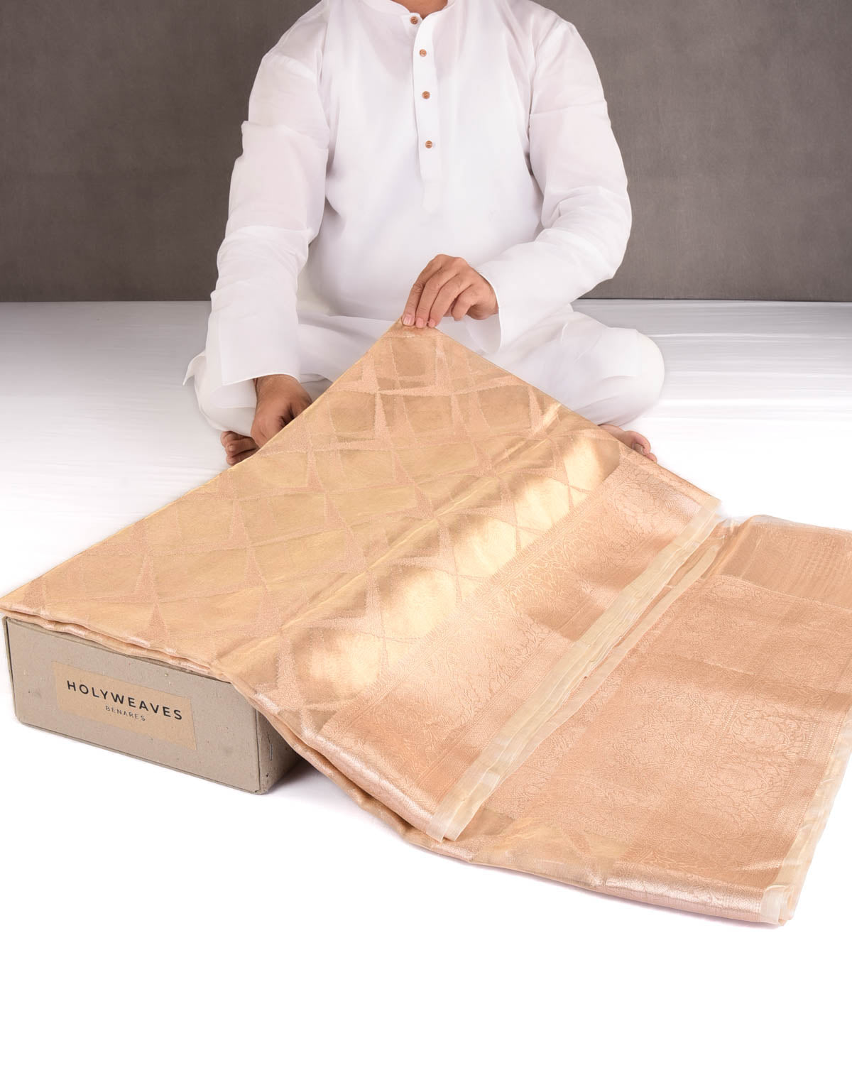 Metallic Gold Ornament Grids Cutwork Brocade Handwoven Kora Tissue Banarasi Saree-HolyWeaves