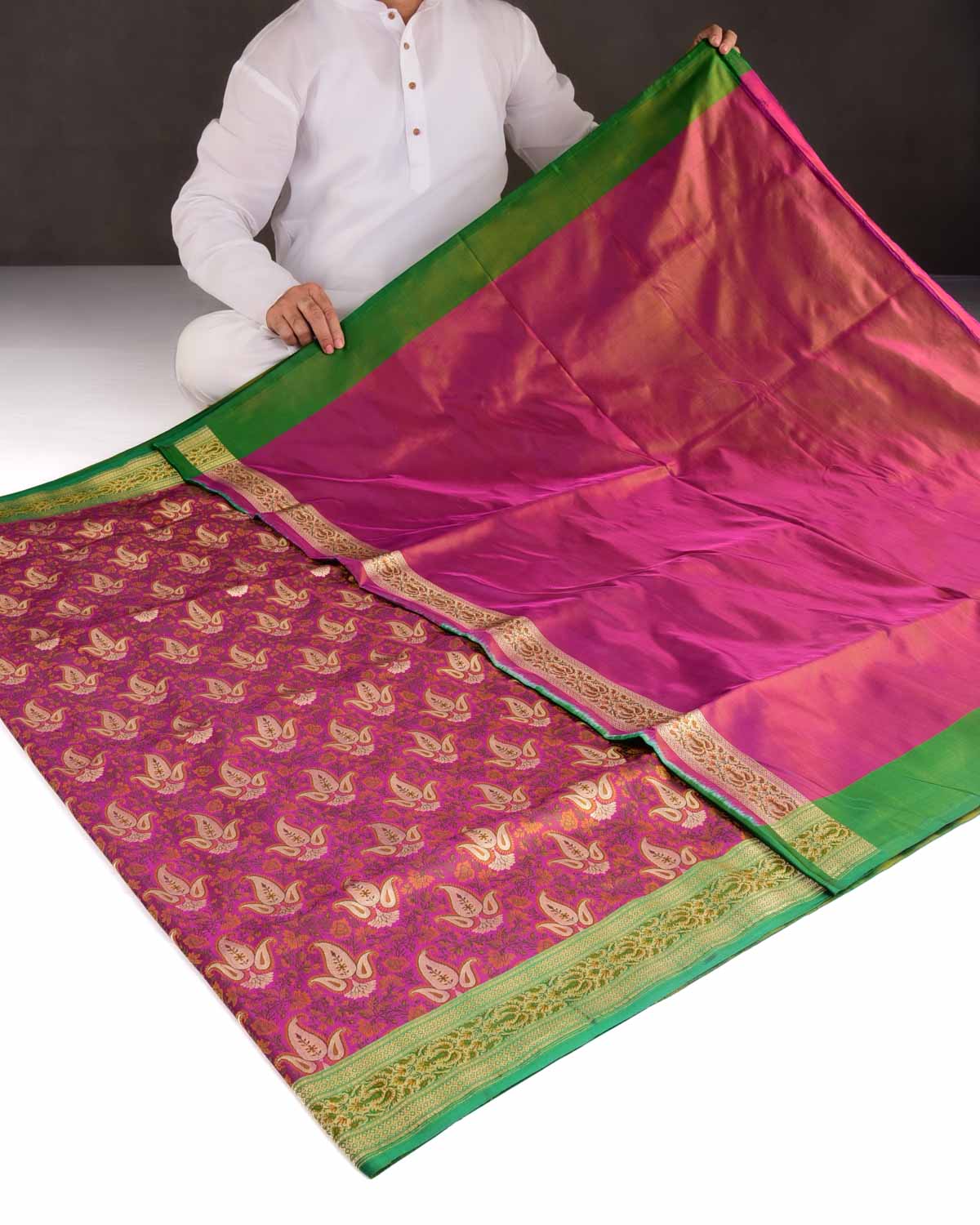 Magenta Gold Zari Paisley Tehra Jamawar Brocade Handwoven Katan Silk Banarasi Saree-HolyWeaves