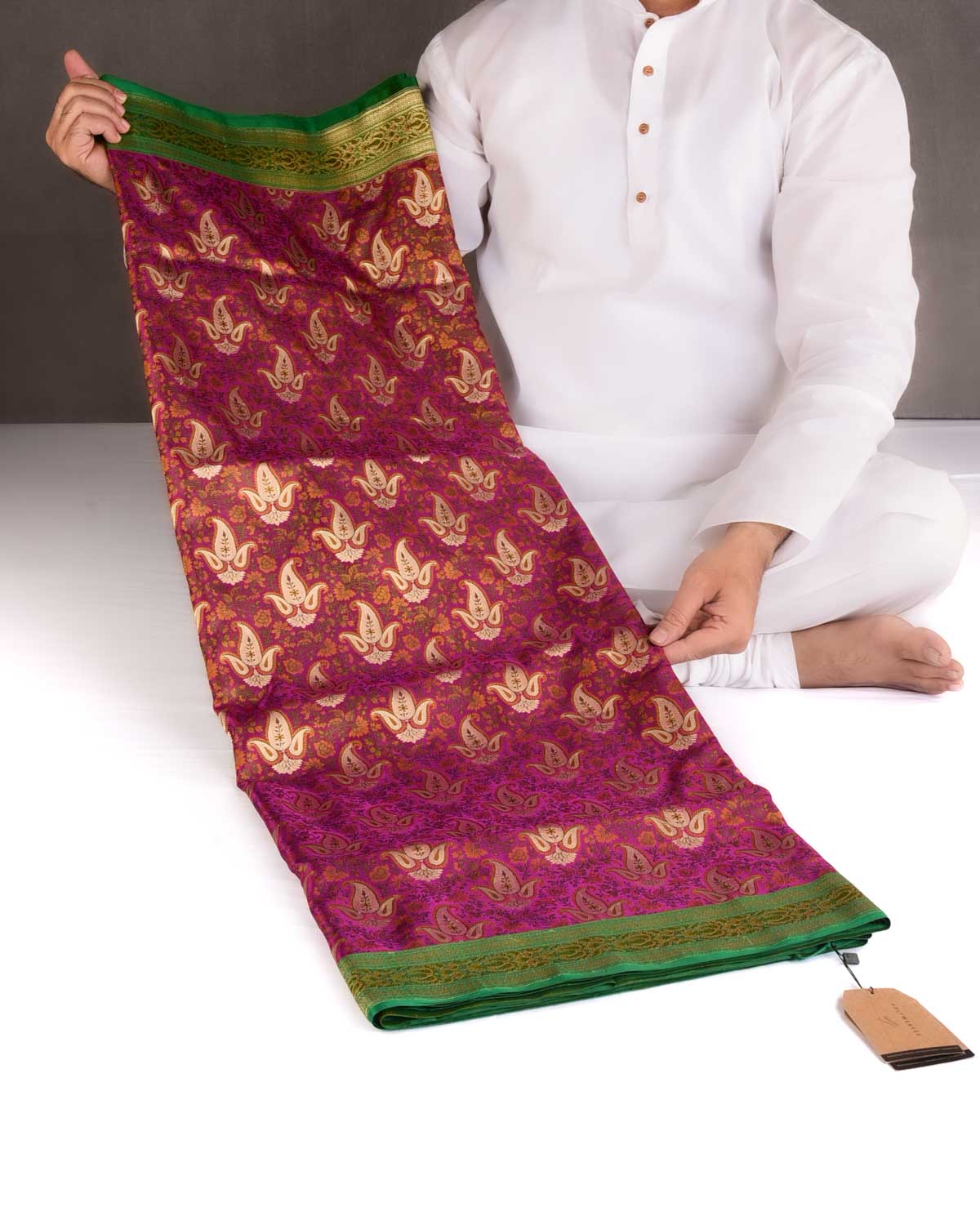 Magenta Gold Zari Paisley Tehra Jamawar Brocade Handwoven Katan Silk Banarasi Saree-HolyWeaves