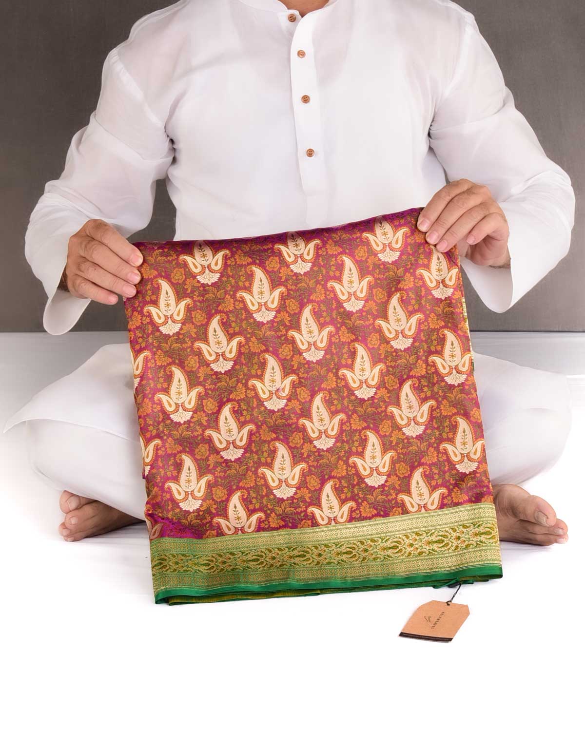 Magenta Gold Zari Paisley Tehra Jamawar Brocade Handwoven Katan Silk Banarasi Saree-HolyWeaves