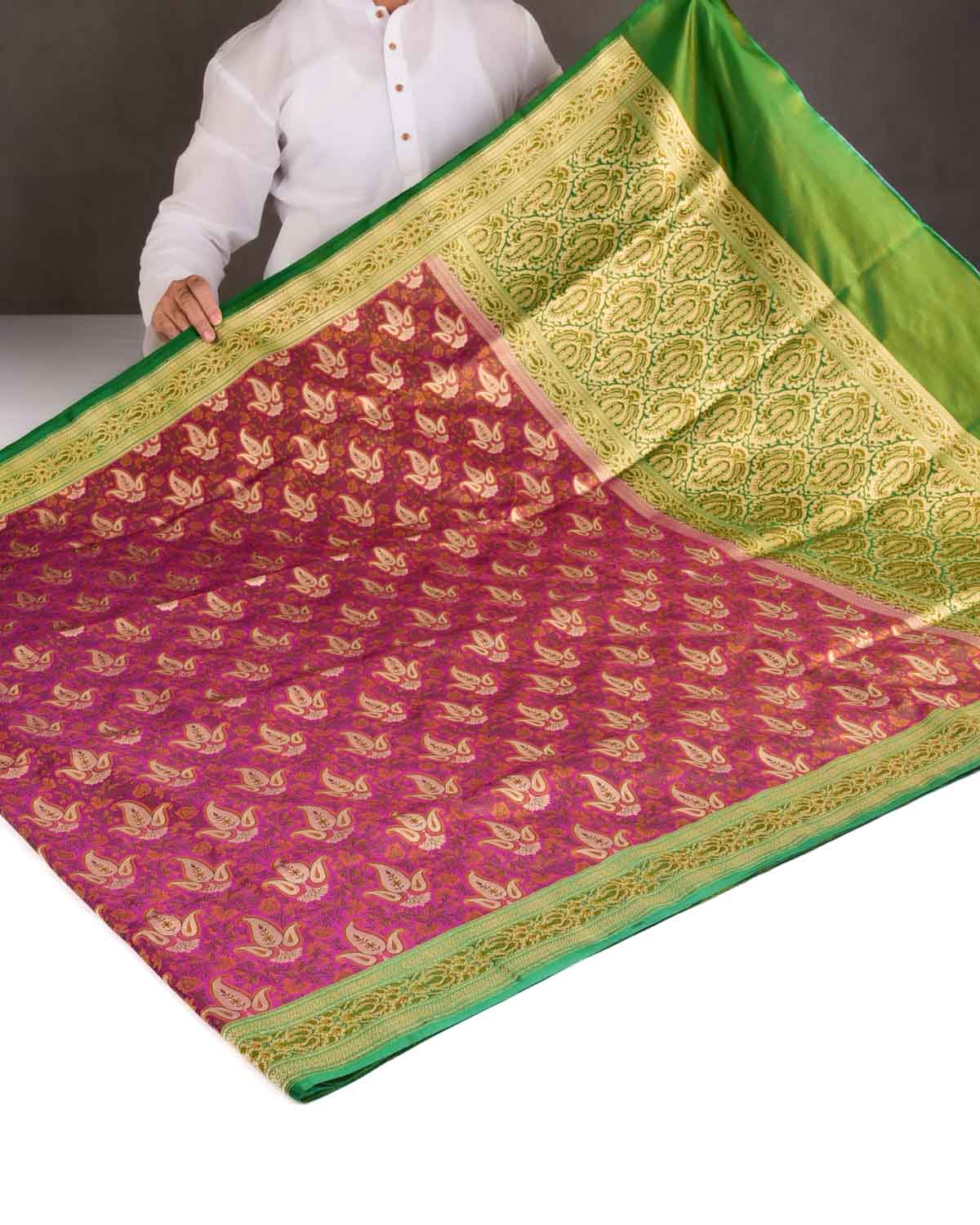 Magenta Gold Zari Paisley Tehra Jamawar Brocade Handwoven Katan Silk Banarasi Saree-HolyWeaves