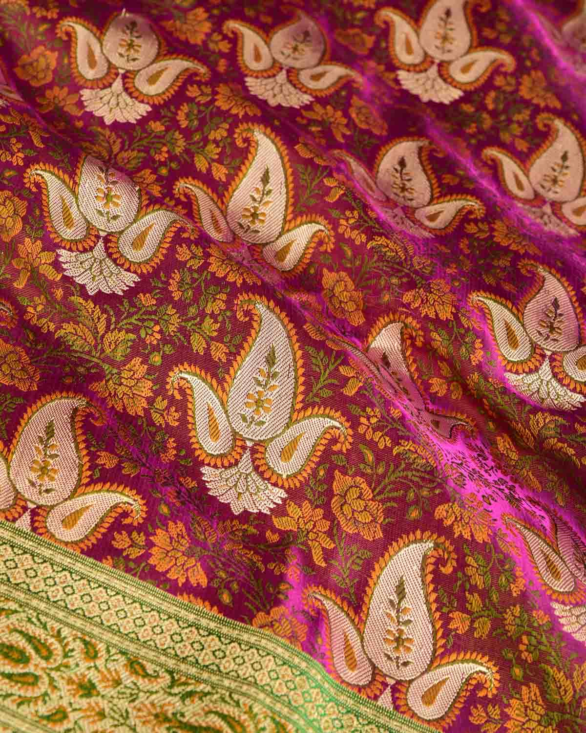 Magenta Gold Zari Paisley Tehra Jamawar Brocade Handwoven Katan Silk Banarasi Saree-HolyWeaves