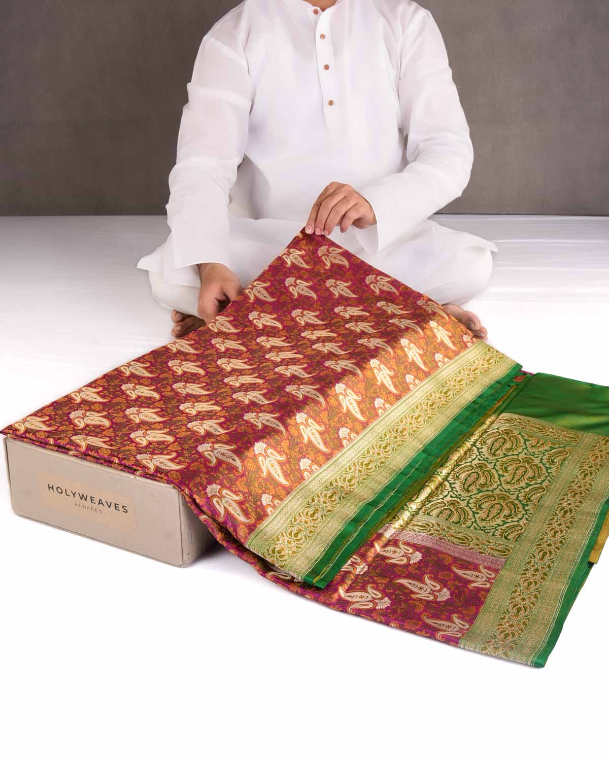 Magenta Gold Zari Paisley Tehra Jamawar Brocade Handwoven Katan Silk Banarasi Saree-HolyWeaves