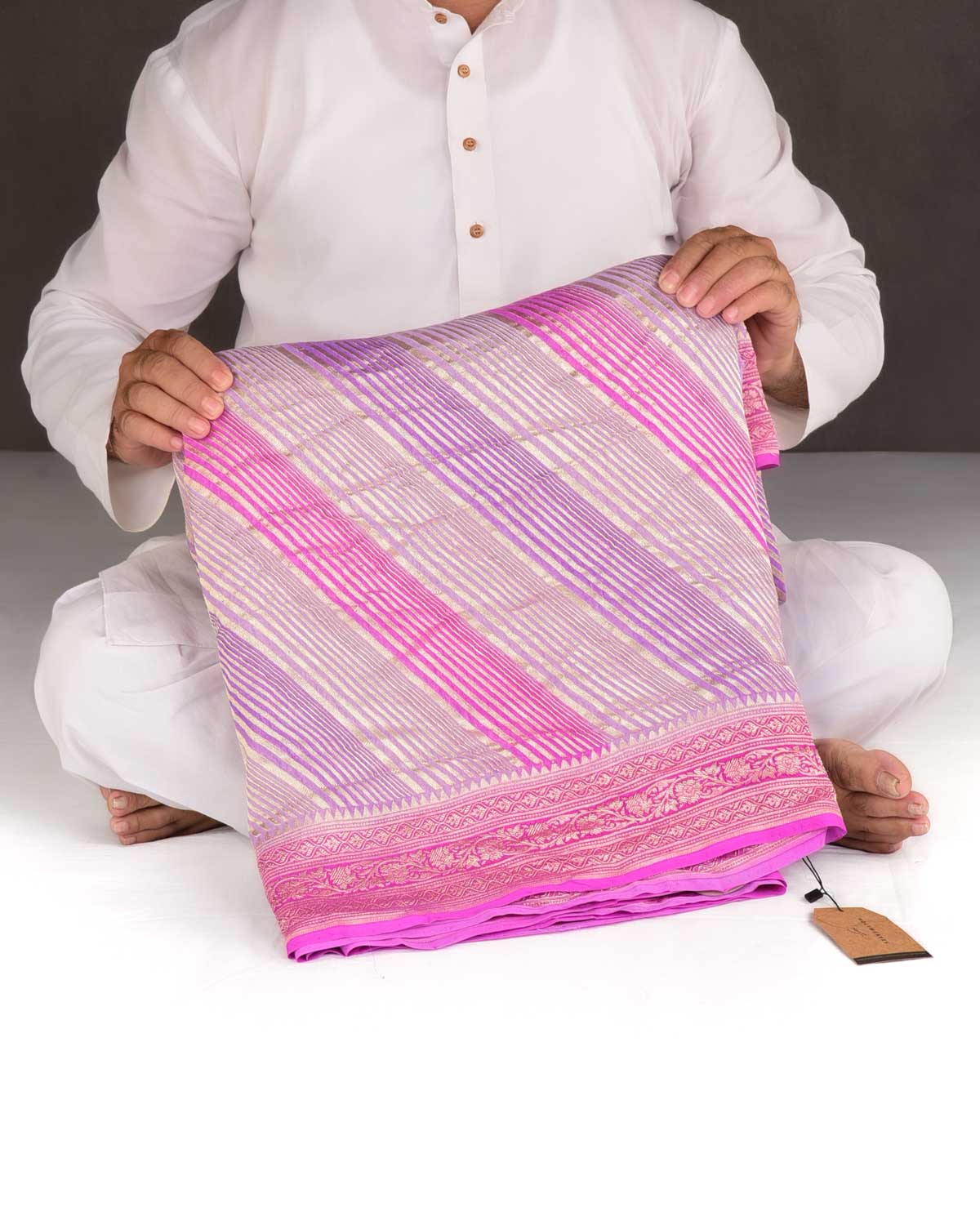 Ombre Pink Mauve Gold Zari Diagonal Stripes Brocade Handwoven Khaddi Georgette Banarasi Saree-HolyWeaves