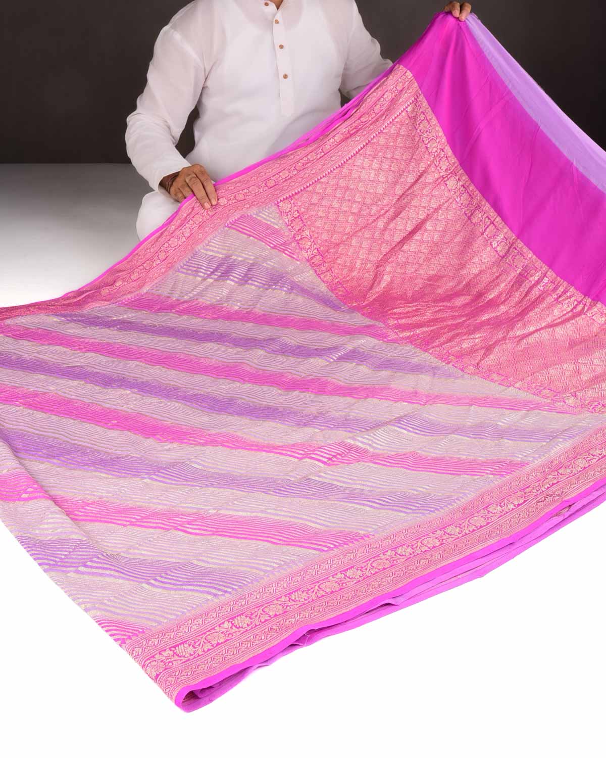 Ombre Pink Mauve Gold Zari Diagonal Stripes Brocade Handwoven Khaddi Georgette Banarasi Saree-HolyWeaves