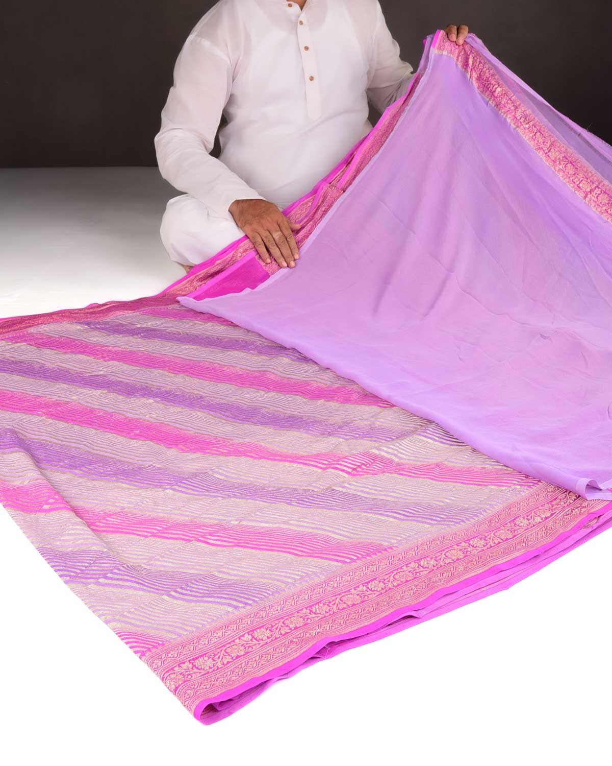 Ombre Pink Mauve Gold Zari Diagonal Stripes Brocade Handwoven Khaddi Georgette Banarasi Saree-HolyWeaves