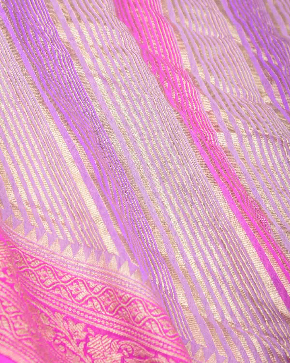 Ombre Pink Mauve Gold Zari Diagonal Stripes Brocade Handwoven Khaddi Georgette Banarasi Saree-HolyWeaves