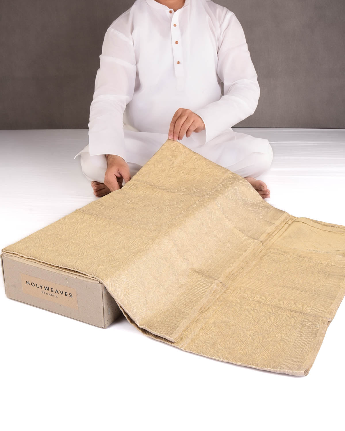 Metallic Gold Illusion Honeycomb Brocade Handwoven Tissue Banarasi Saree-HolyWeaves