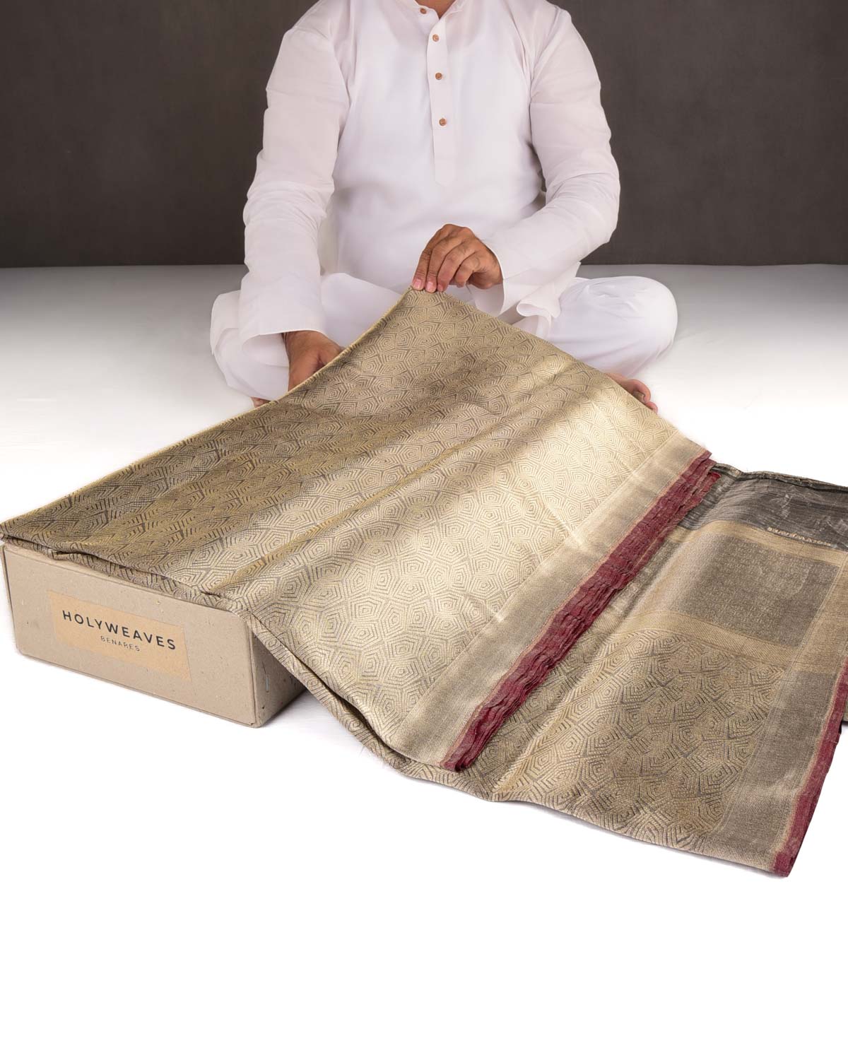 Metallic Black Illusion Honeycomb Brocade Handwoven Tissue Banarasi Saree-HolyWeaves