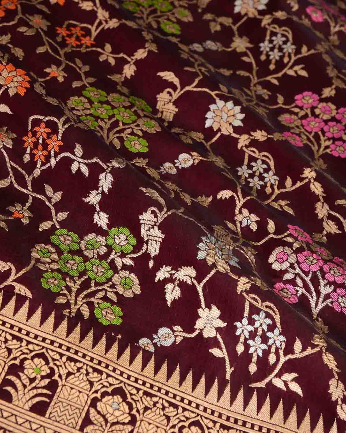 Mahogany Gold Zari & Resham Jaal Cutwork Brocade Handwoven Katan Silk Banarasi Saree-HolyWeaves