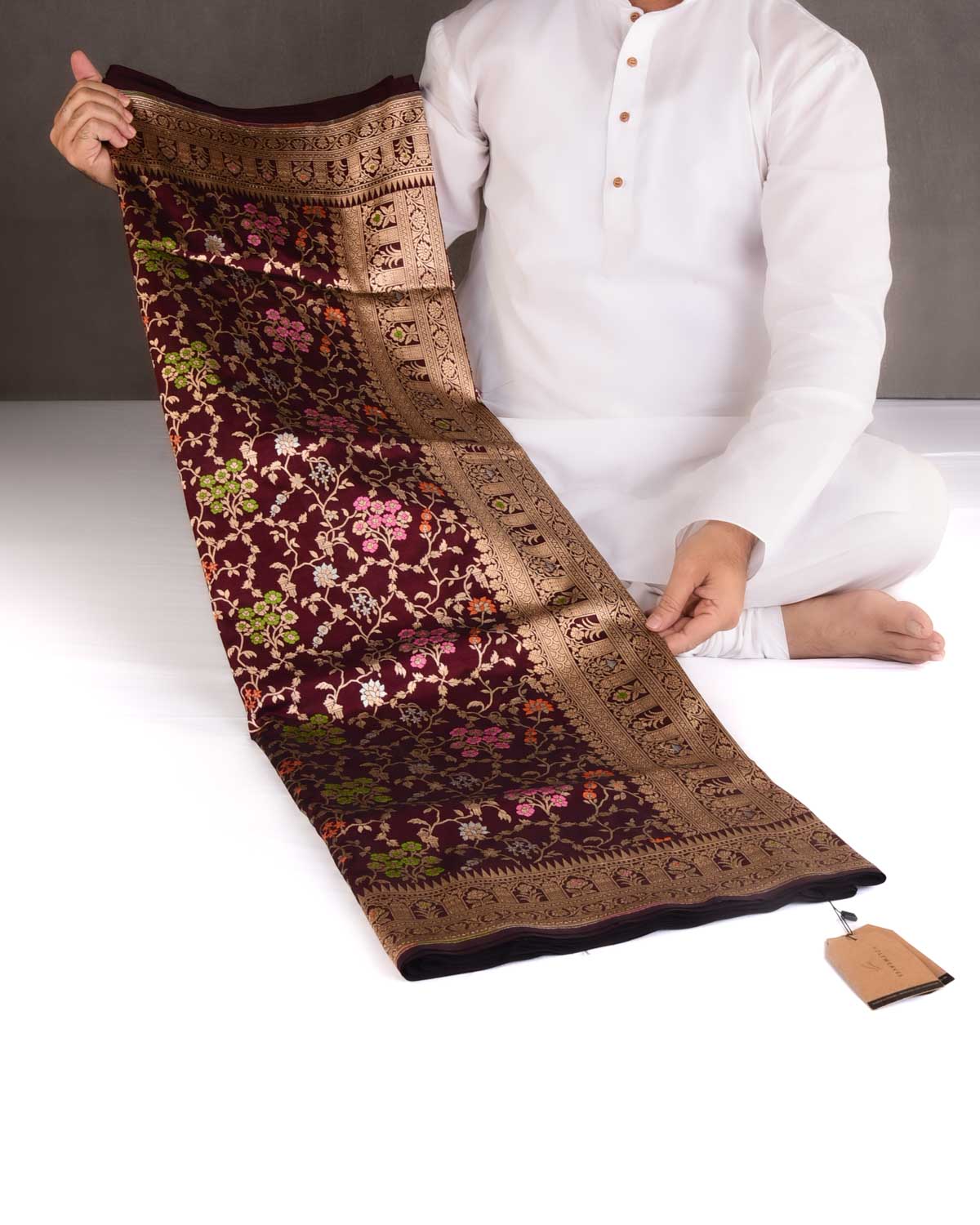 Mahogany Gold Zari & Resham Jaal Cutwork Brocade Handwoven Katan Silk Banarasi Saree-HolyWeaves