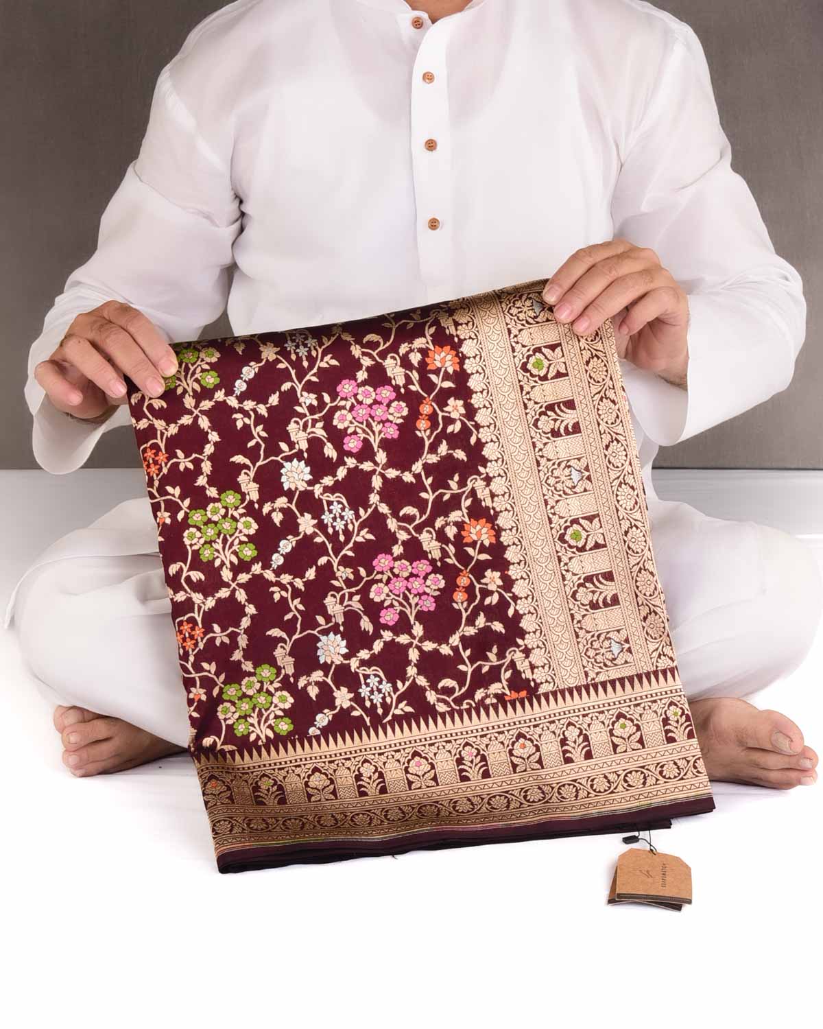 Mahogany Gold Zari & Resham Jaal Cutwork Brocade Handwoven Katan Silk Banarasi Saree-HolyWeaves