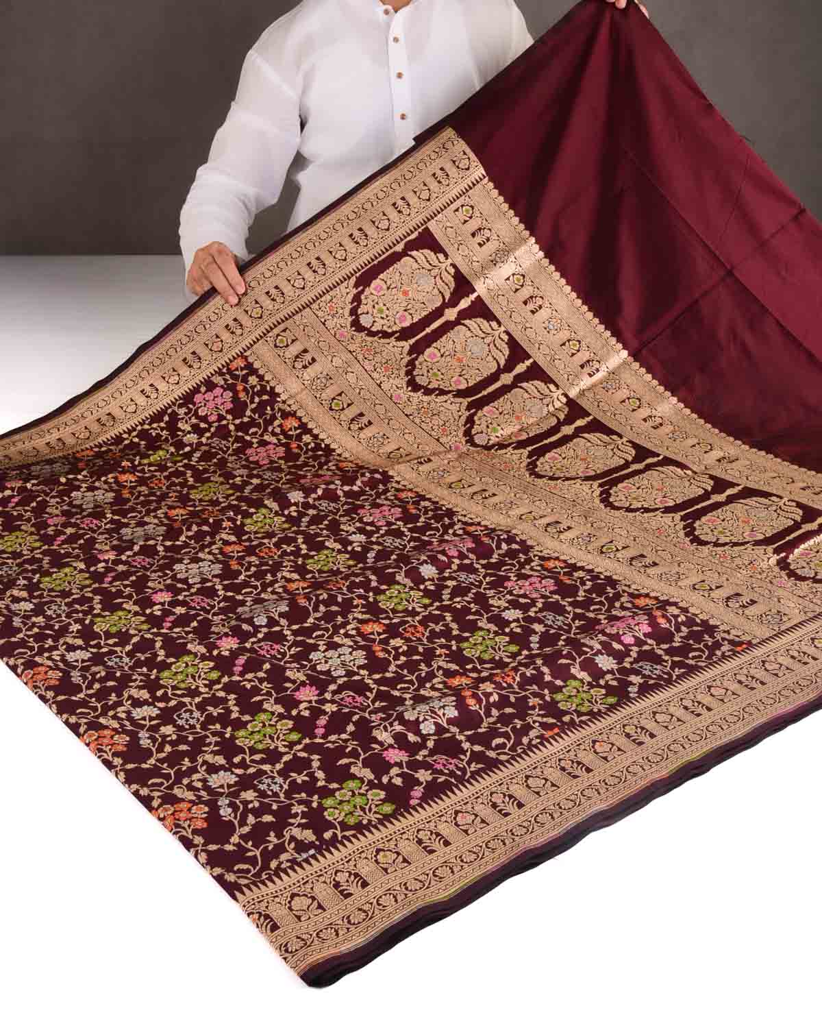 Mahogany Gold Zari & Resham Jaal Cutwork Brocade Handwoven Katan Silk Banarasi Saree-HolyWeaves