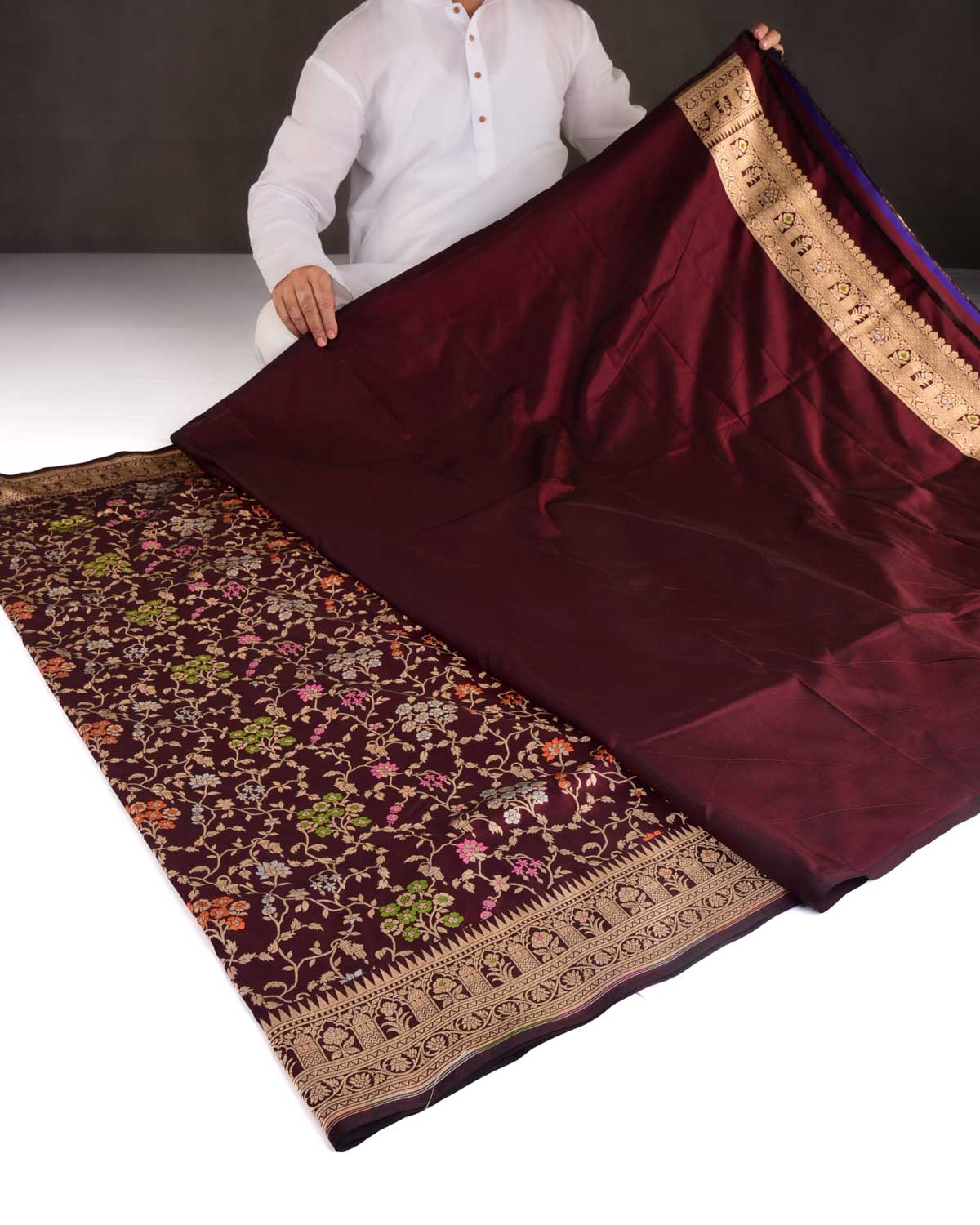 Mahogany Gold Zari & Resham Jaal Cutwork Brocade Handwoven Katan Silk Banarasi Saree-HolyWeaves